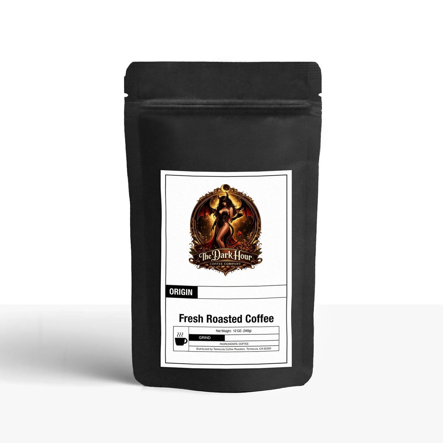 Coffee bag label for The Dark Hour Coffee Company's Latin American Blend 12oz bag with detailed branding and product information.