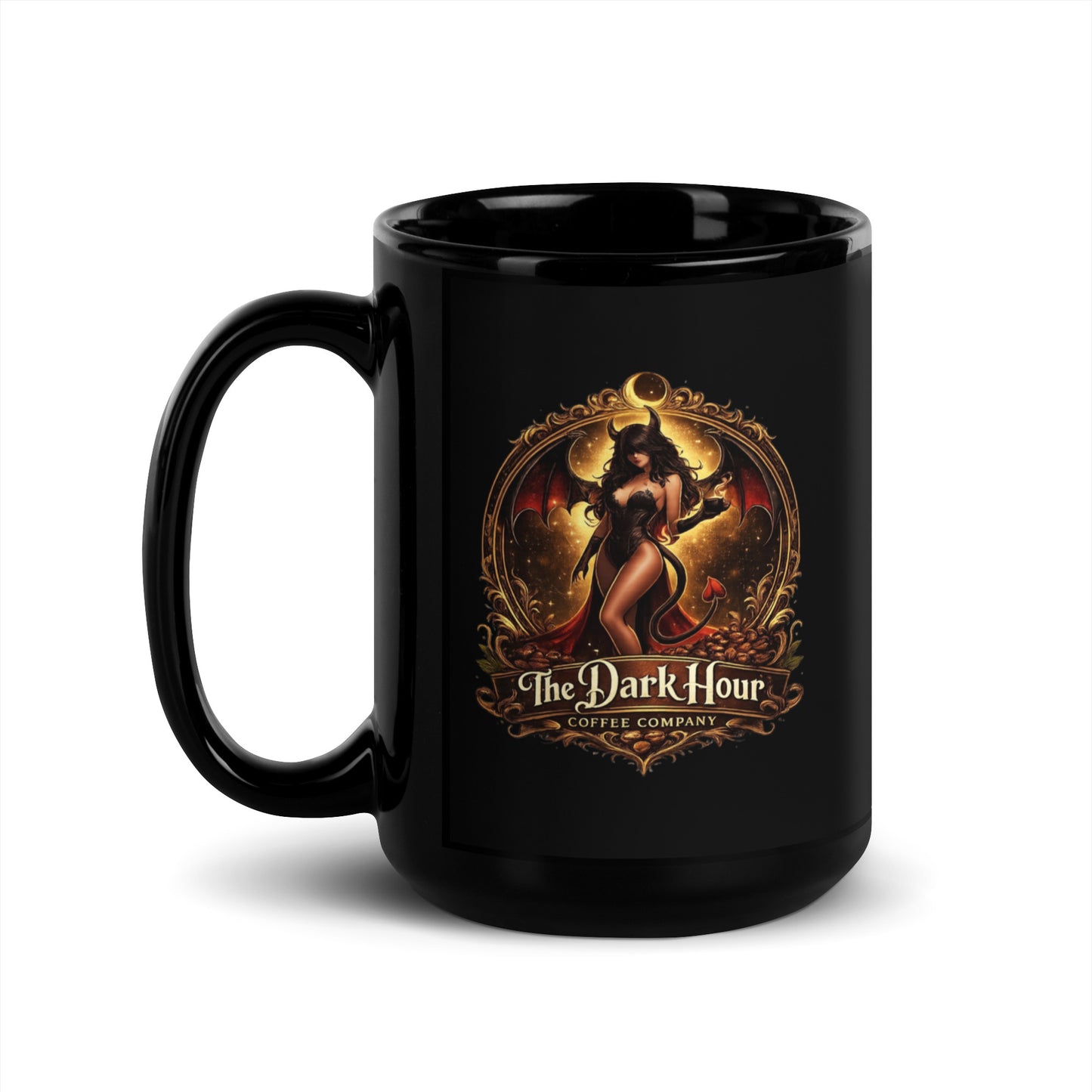 Black glossy 15 oz coffee mug with handle on the left from The Dark Hour Coffee Company, perfect for hot beverages.