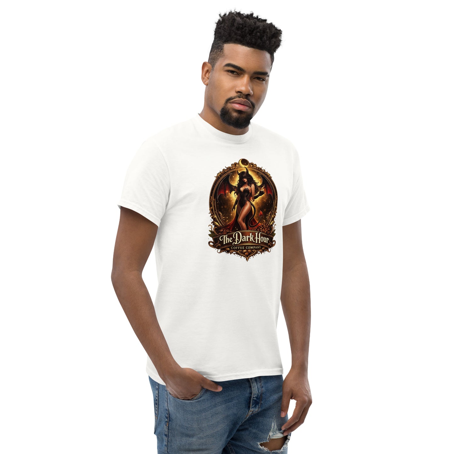 White unisex classic T-shirt by The Dark Hour Coffee Company, showing right front view with a simple, clean design.