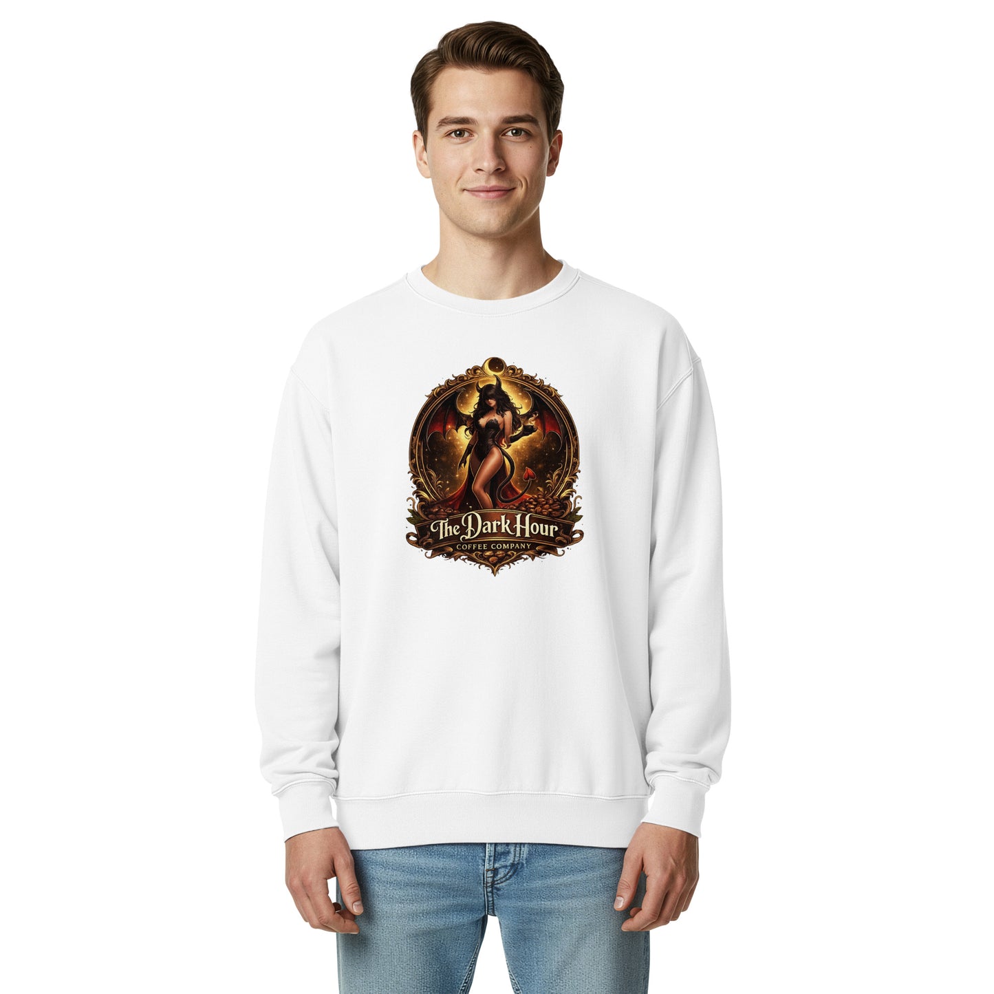 Unisex white garment-dyed sweatshirt by The Dark Hour Coffee Company, front view showing soft fabric and classic fit.