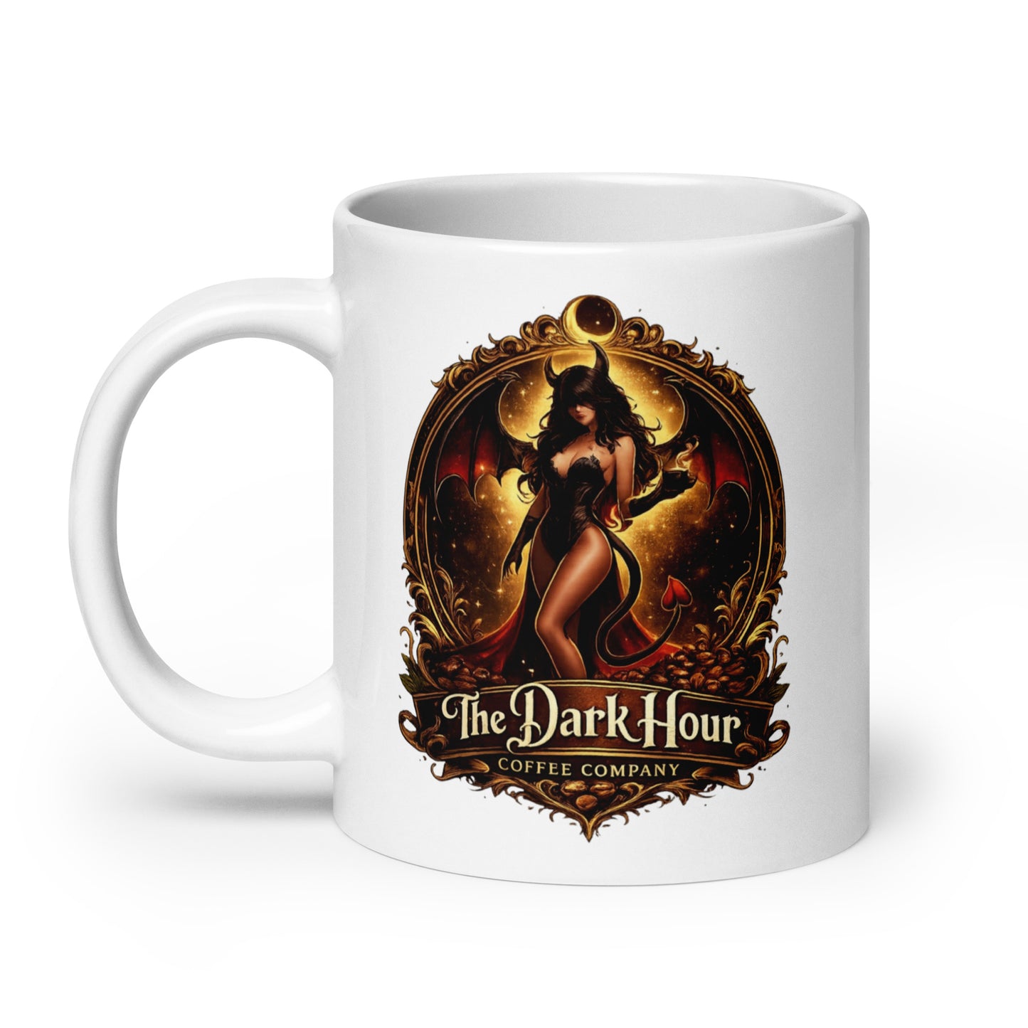 White glossy mug from The Dark Hour Coffee Company with a comfortable handle, perfect for hot beverages.