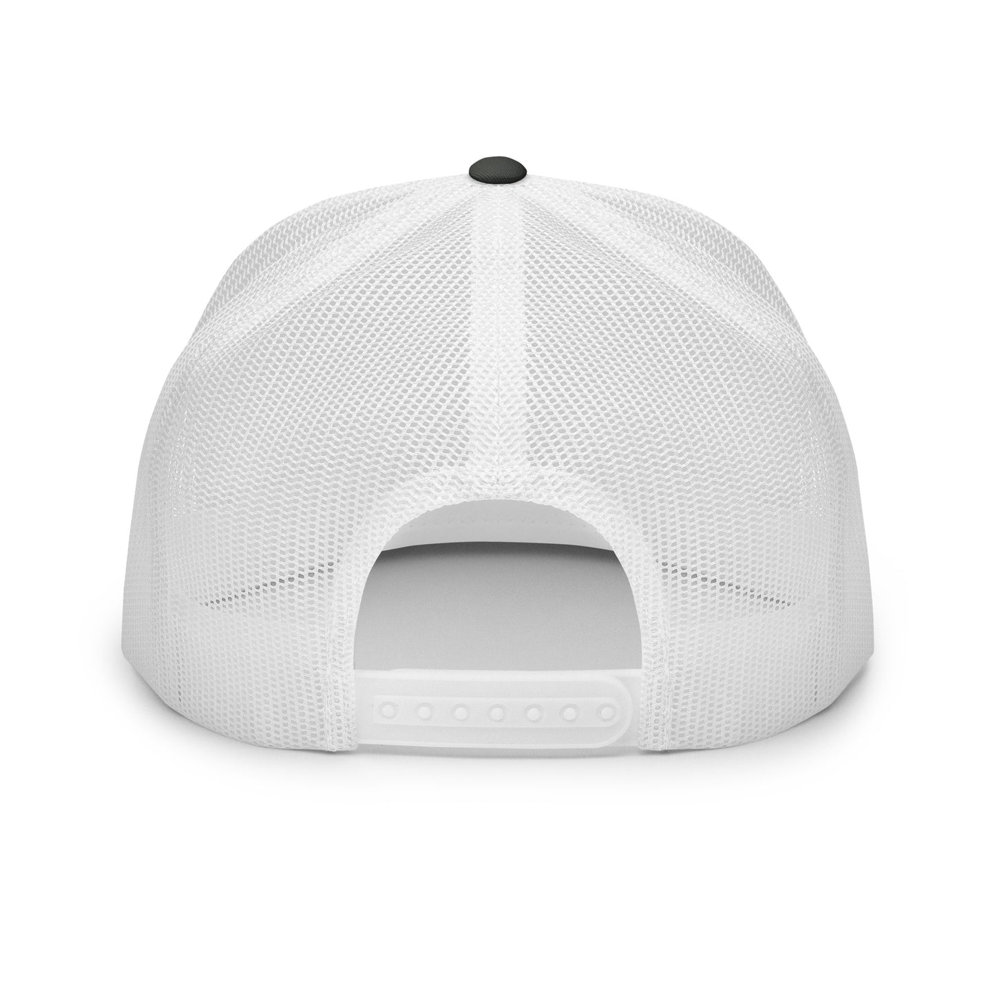 Charcoal and white 5-panel trucker cap by The Dark Hour Coffee Company, featuring a classic adjustable style and mesh back.