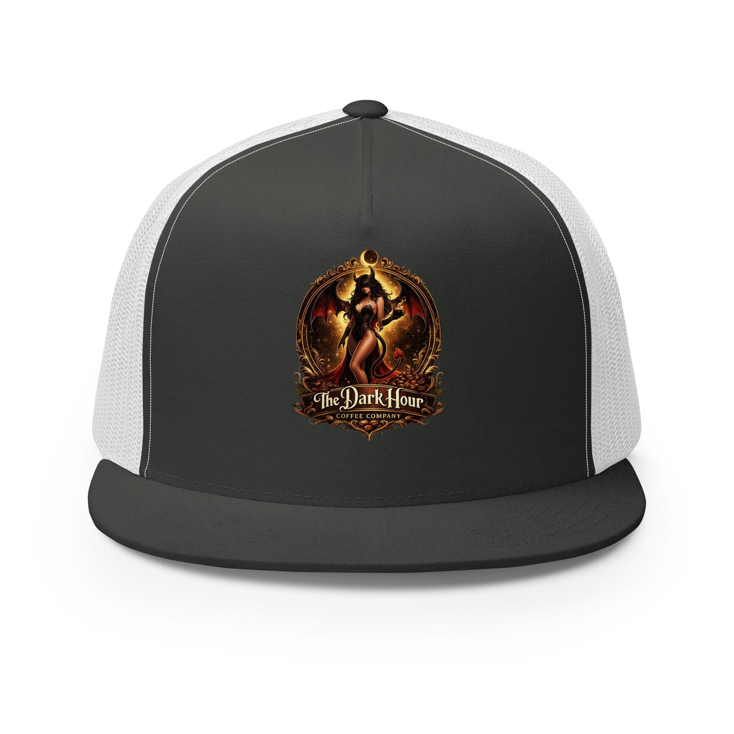 Charcoal and white 5-panel trucker cap by The Dark Hour Coffee Company with mesh back and adjustable strap