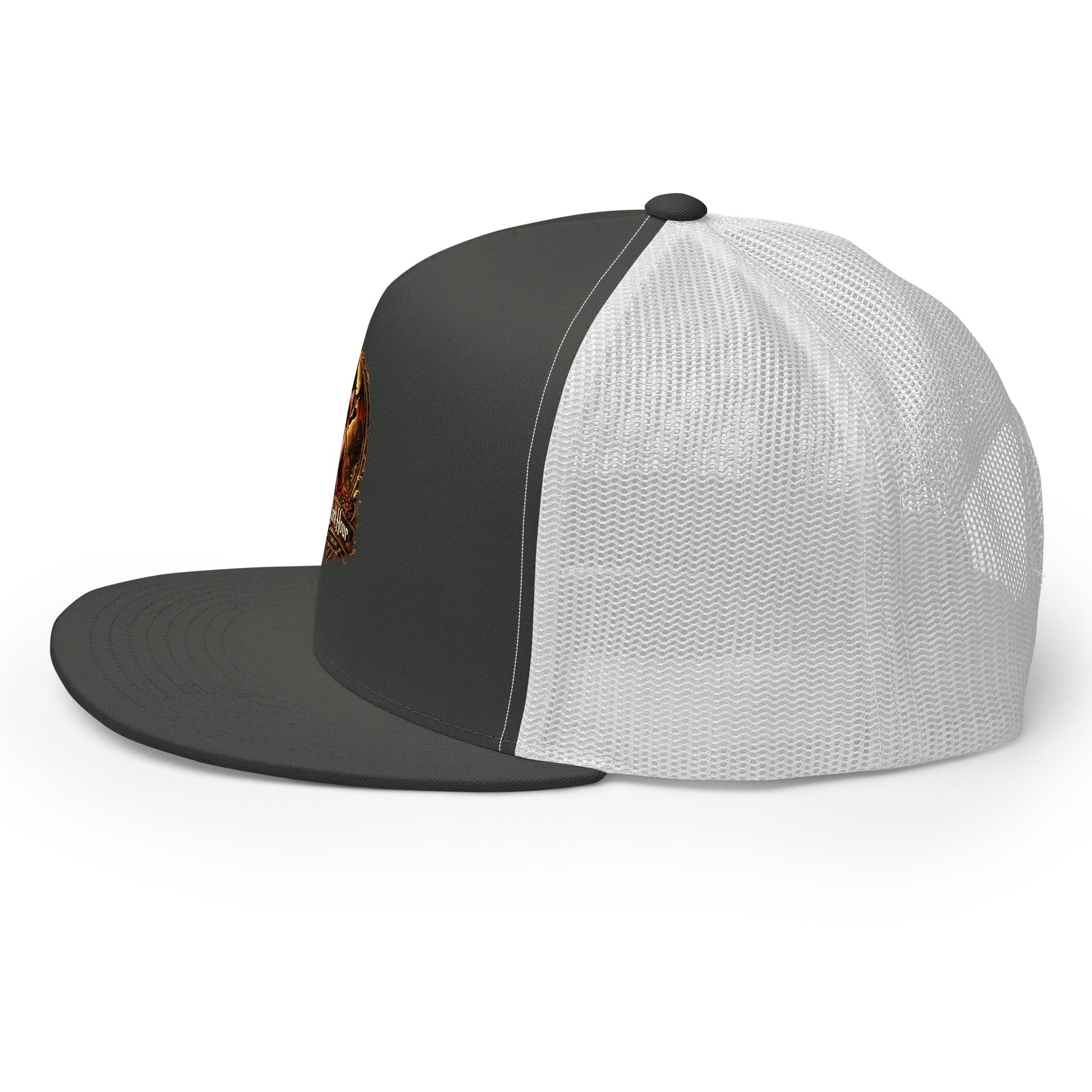 Charcoal and white 5-panel Trucker Cap by The Dark Hour Coffee Company with adjustable mesh back.