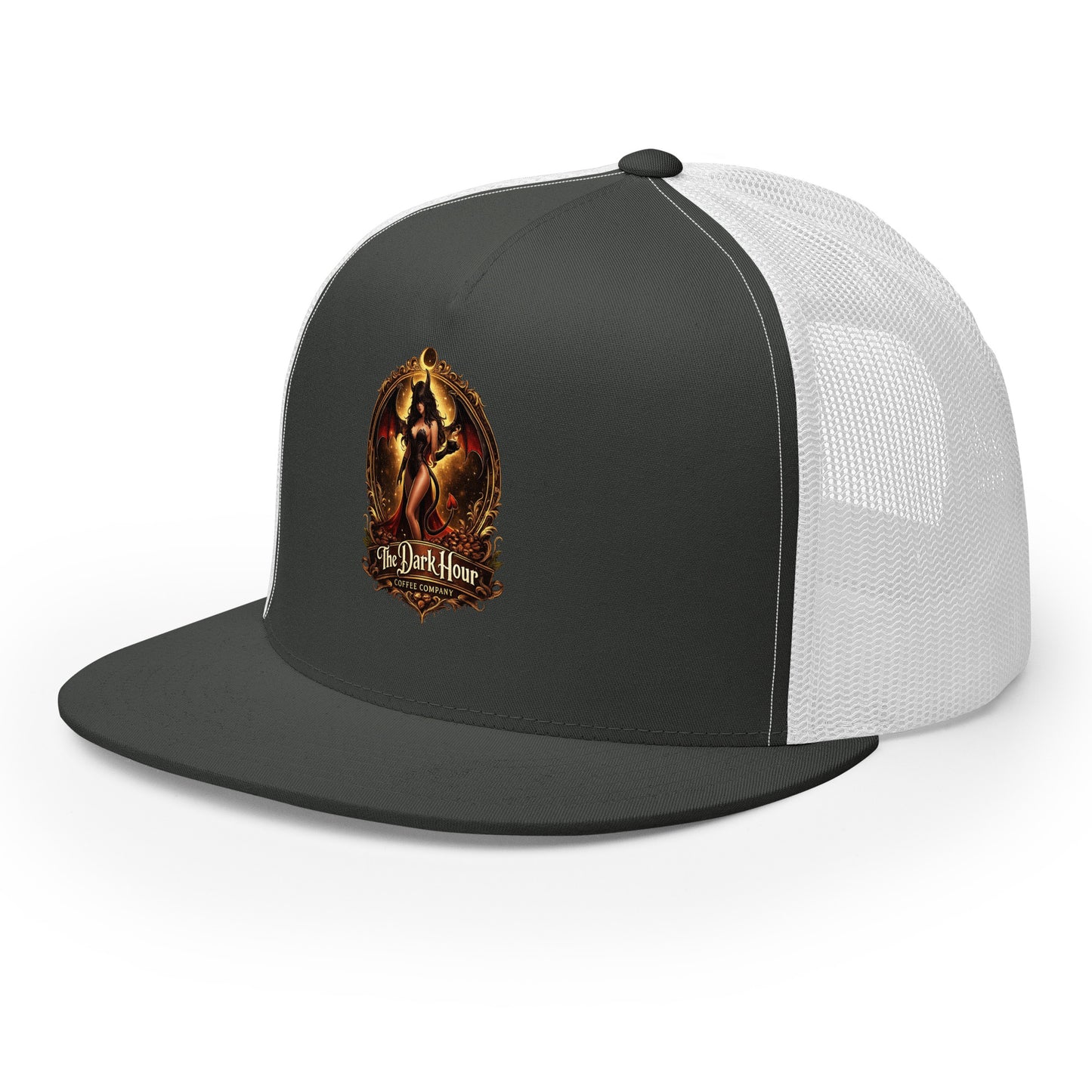 Charcoal and white 5-panel trucker cap from The Dark Hour Coffee Company, showing front and left side view.