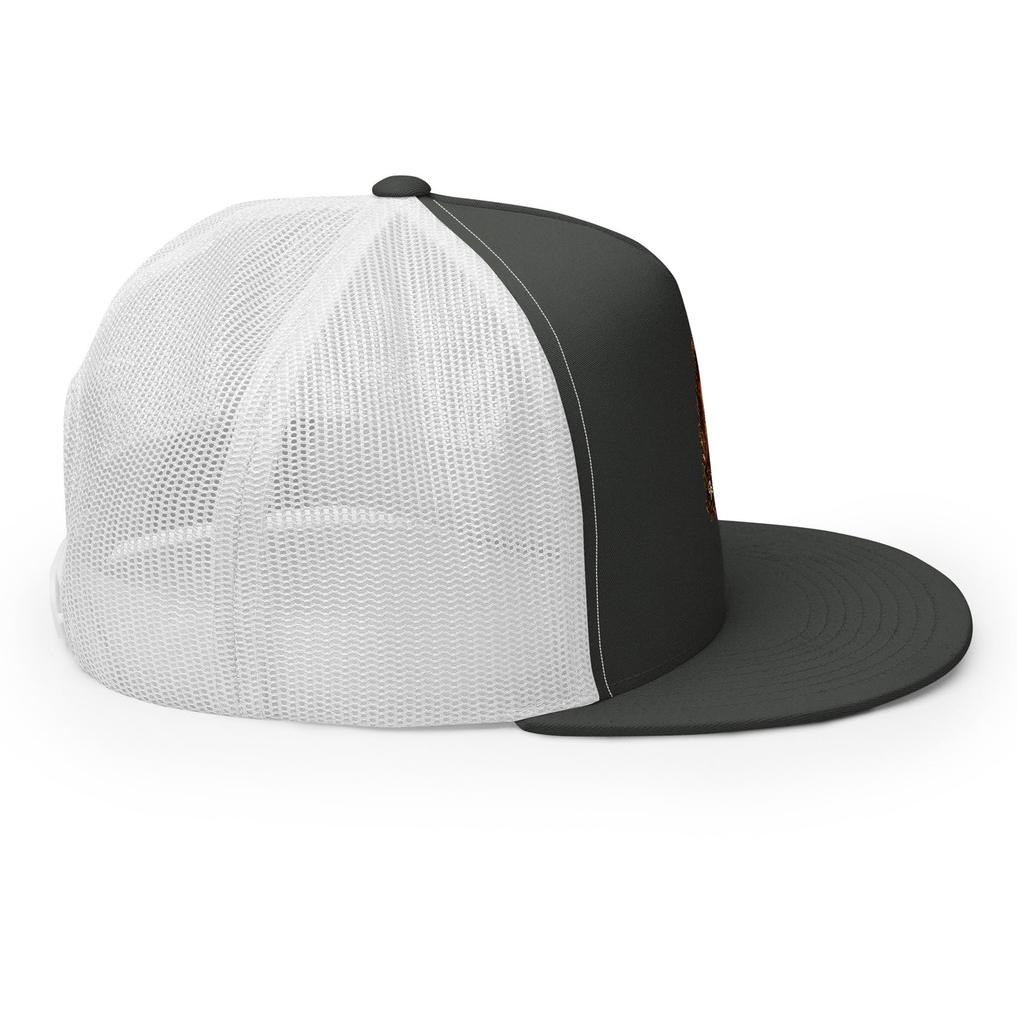 Charcoal and white 5-panel Trucker Cap by The Dark Hour Coffee Company featuring a classic design and adjustable strap.