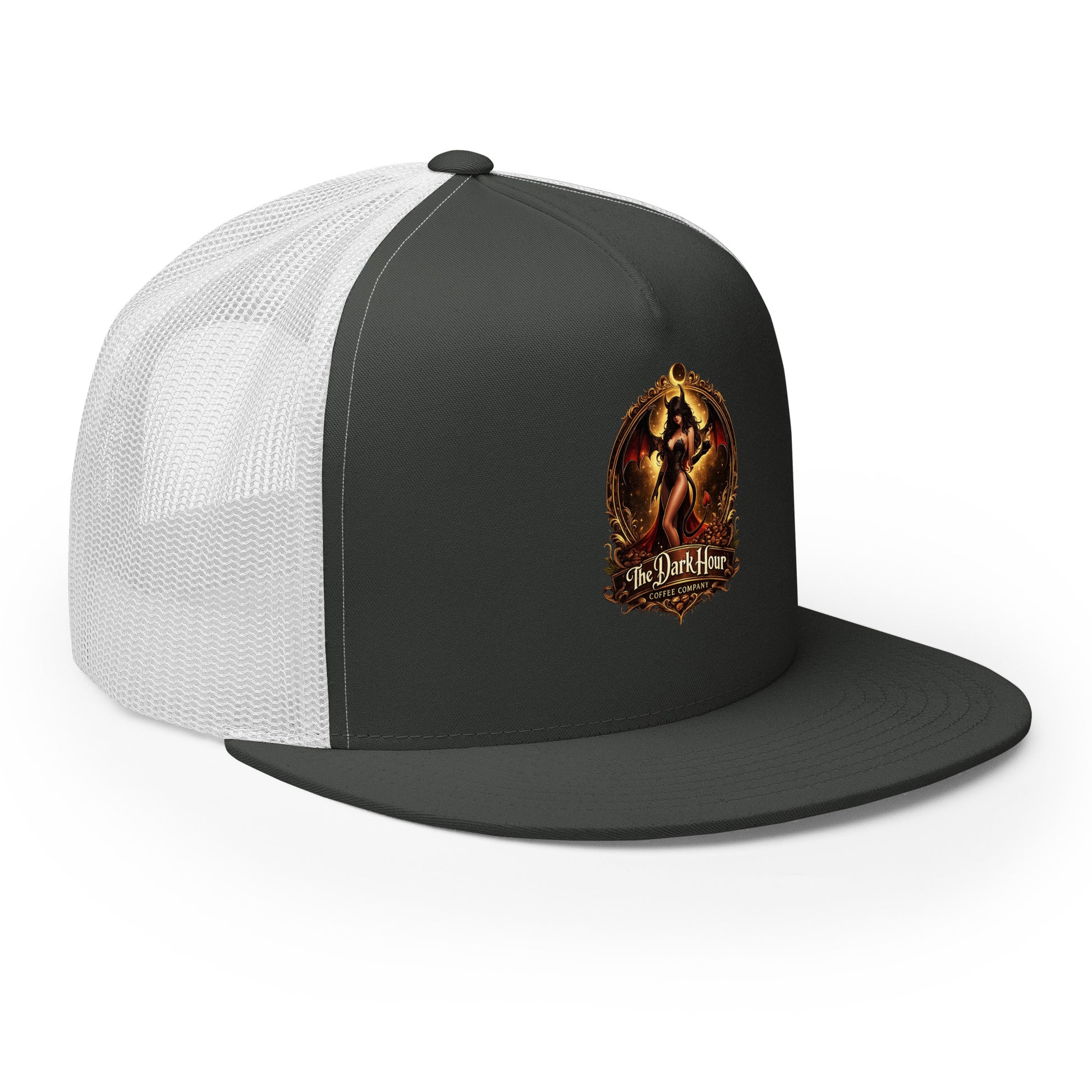 Dark Hour Coffee Company 5-panel trucker cap in charcoal and white, showing front and right side view.