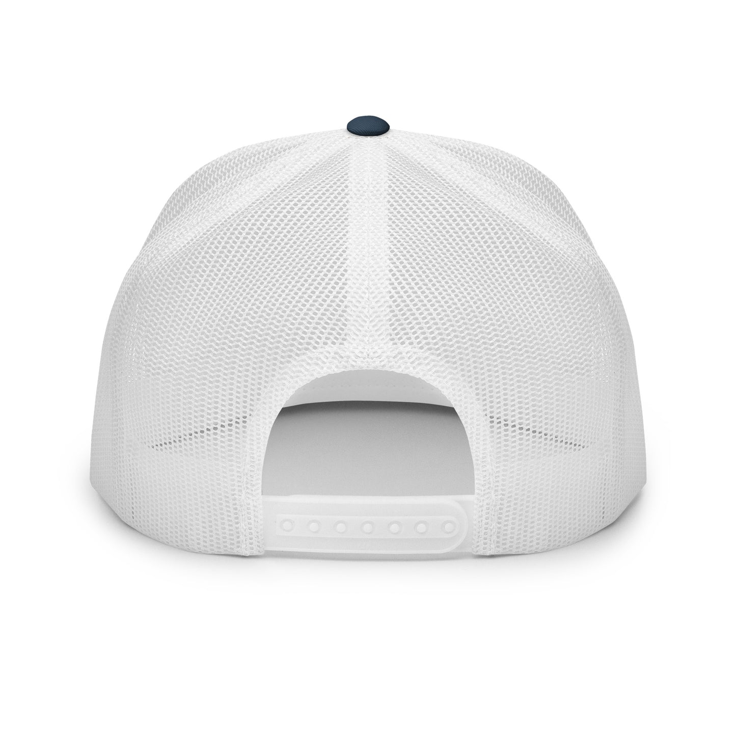 Navy and white 5-panel trucker cap by The Dark Hour Coffee Company with mesh back and curved brim.