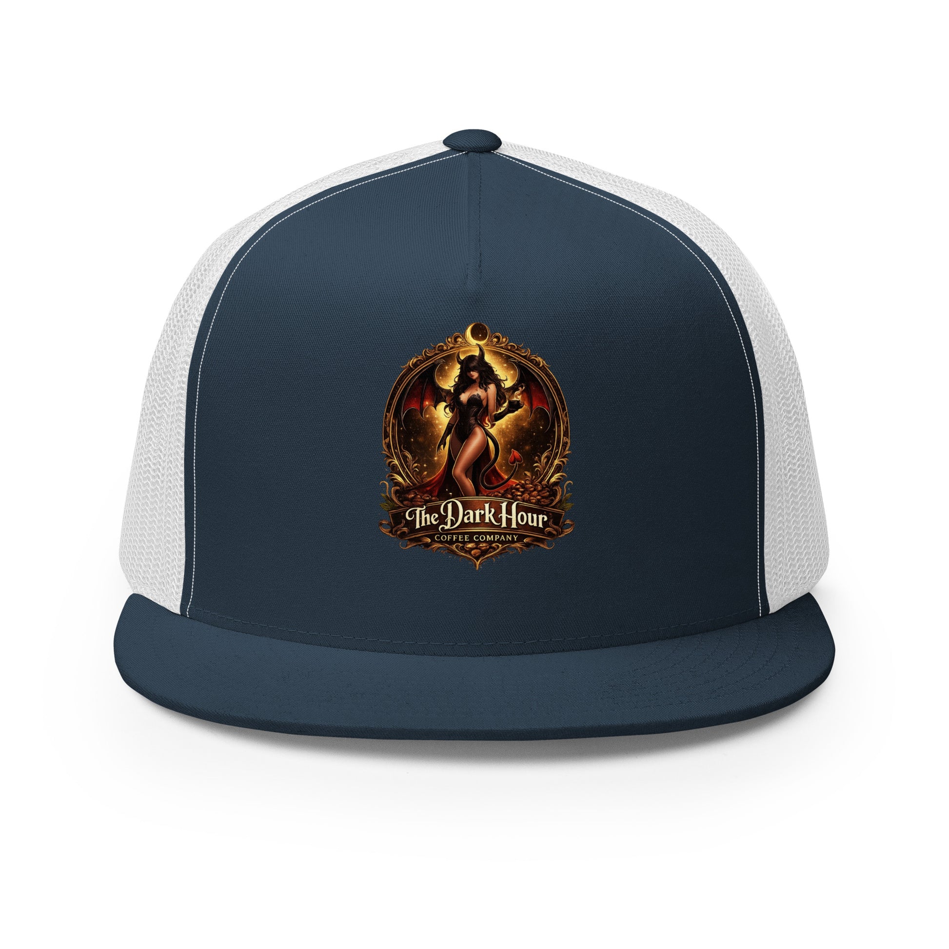 Navy and white 5-panel trucker cap by The Dark Hour Coffee Company with mesh back and structured front panel.