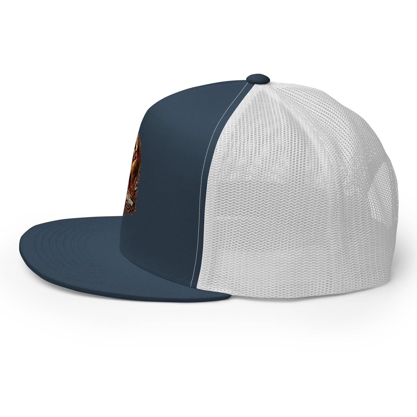 Navy and white 5-panel trucker cap from The Dark Hour Coffee Company with mesh back and curved brim.