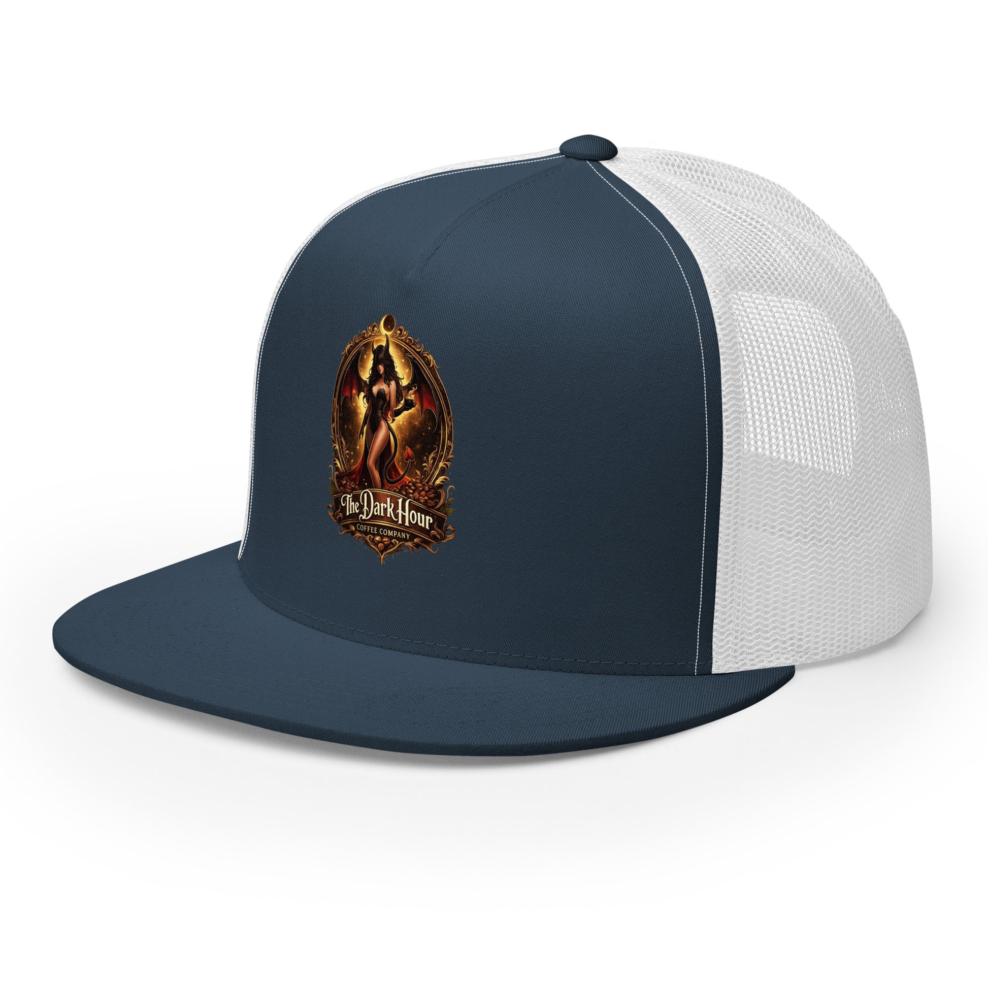 Navy and white 5-panel Trucker Cap by The Dark Hour Coffee Company, front view showing adjustable mesh back and logo detail