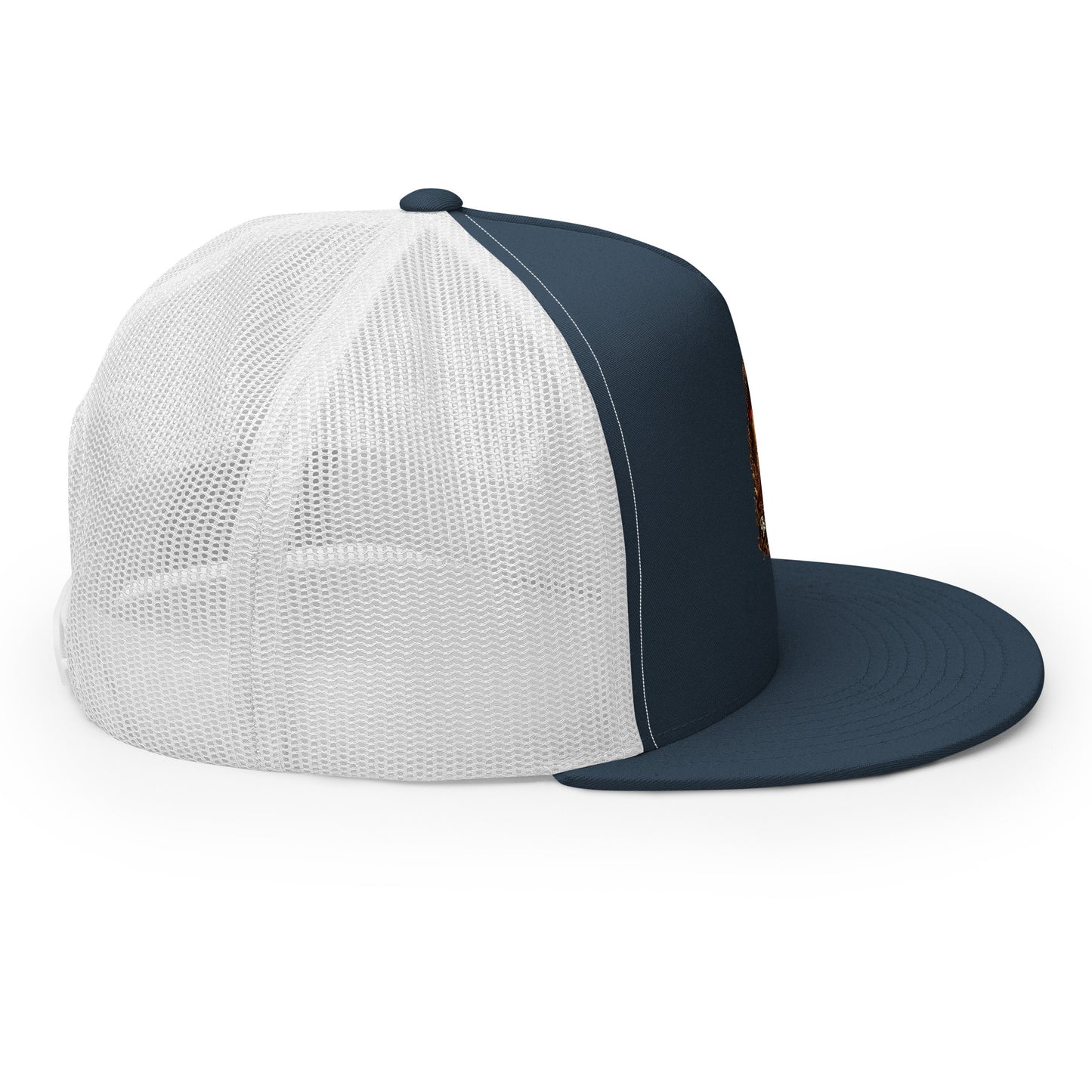 Navy and white 5-panel Trucker Cap from The Dark Hour Coffee Company with mesh back and curved brim.