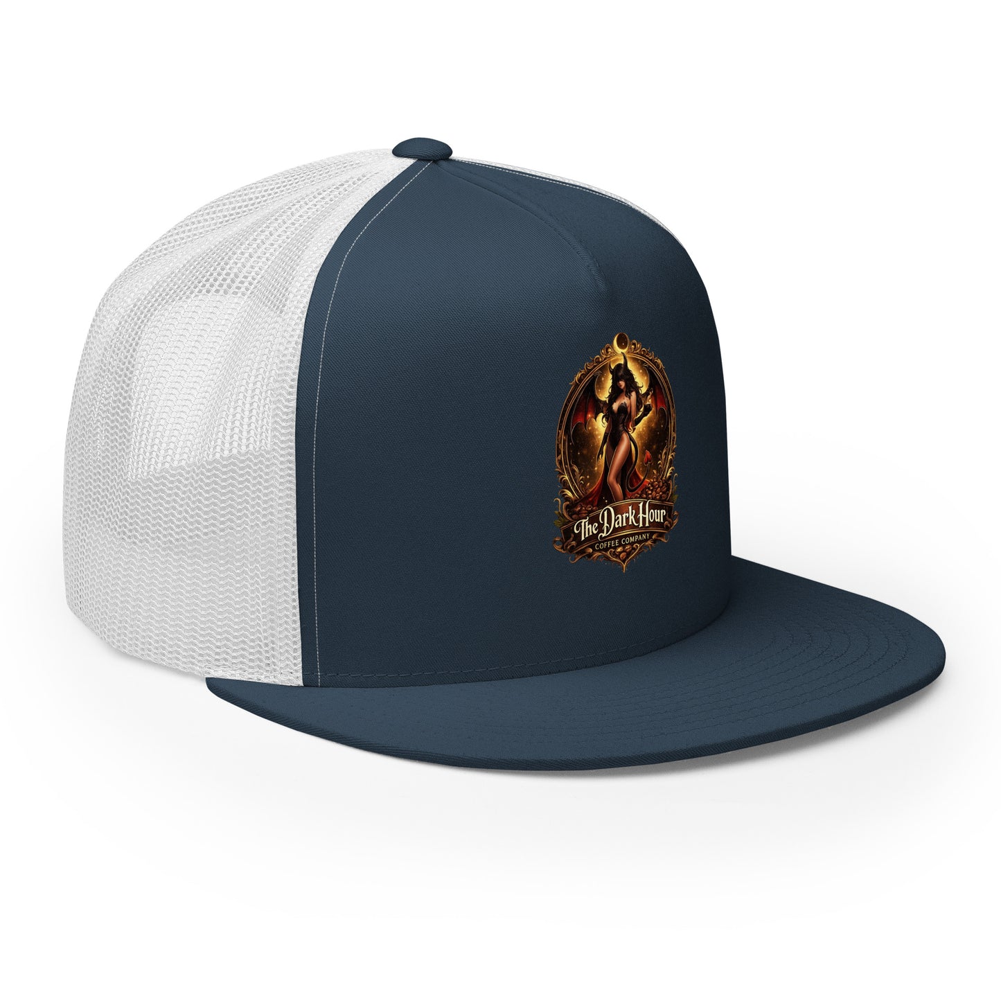 Navy and white 5-panel trucker cap from The Dark Hour Coffee Company with front embroidery and mesh back.