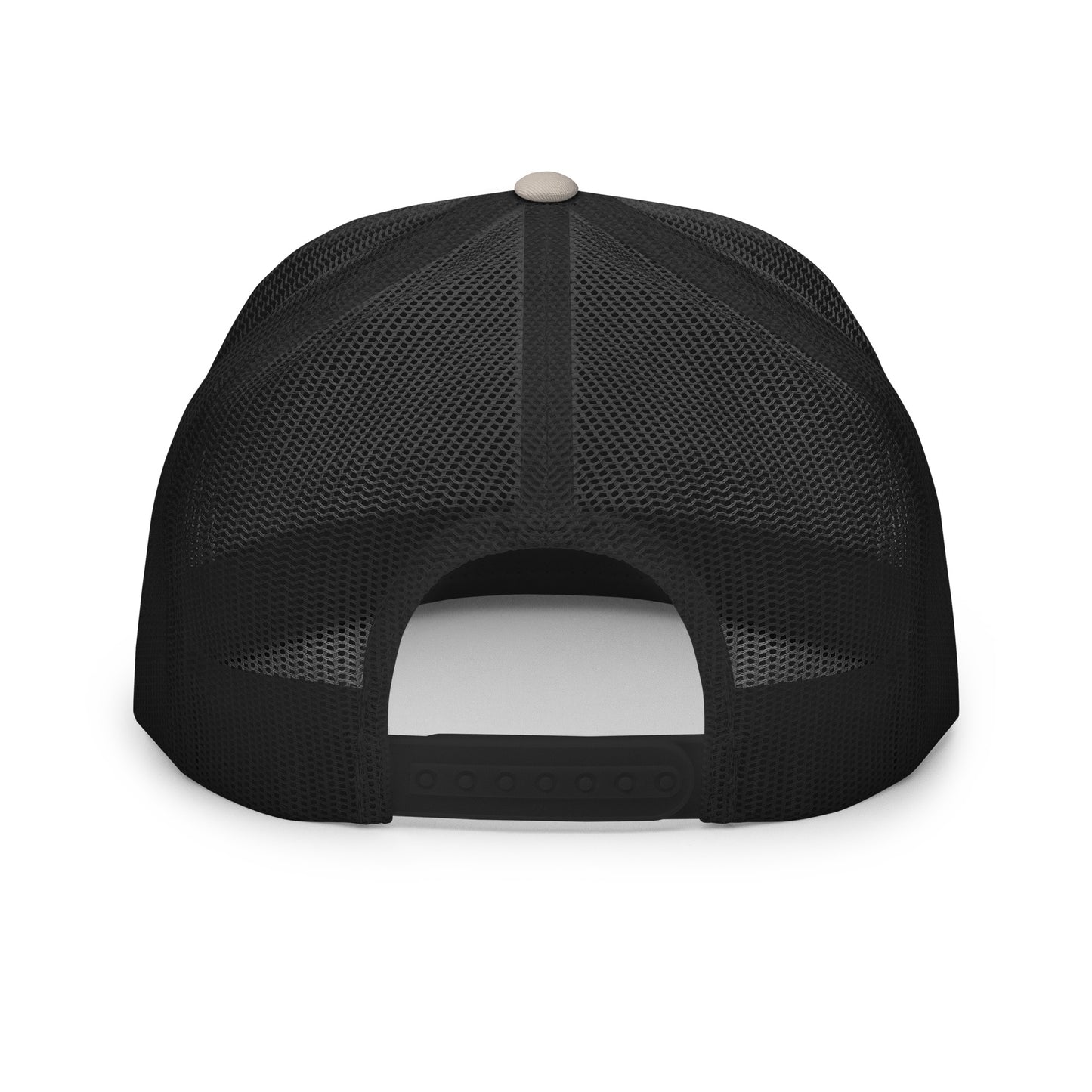 Silver and black 5-panel trucker cap by The Dark Hour Coffee Company with mesh back and curved brim.