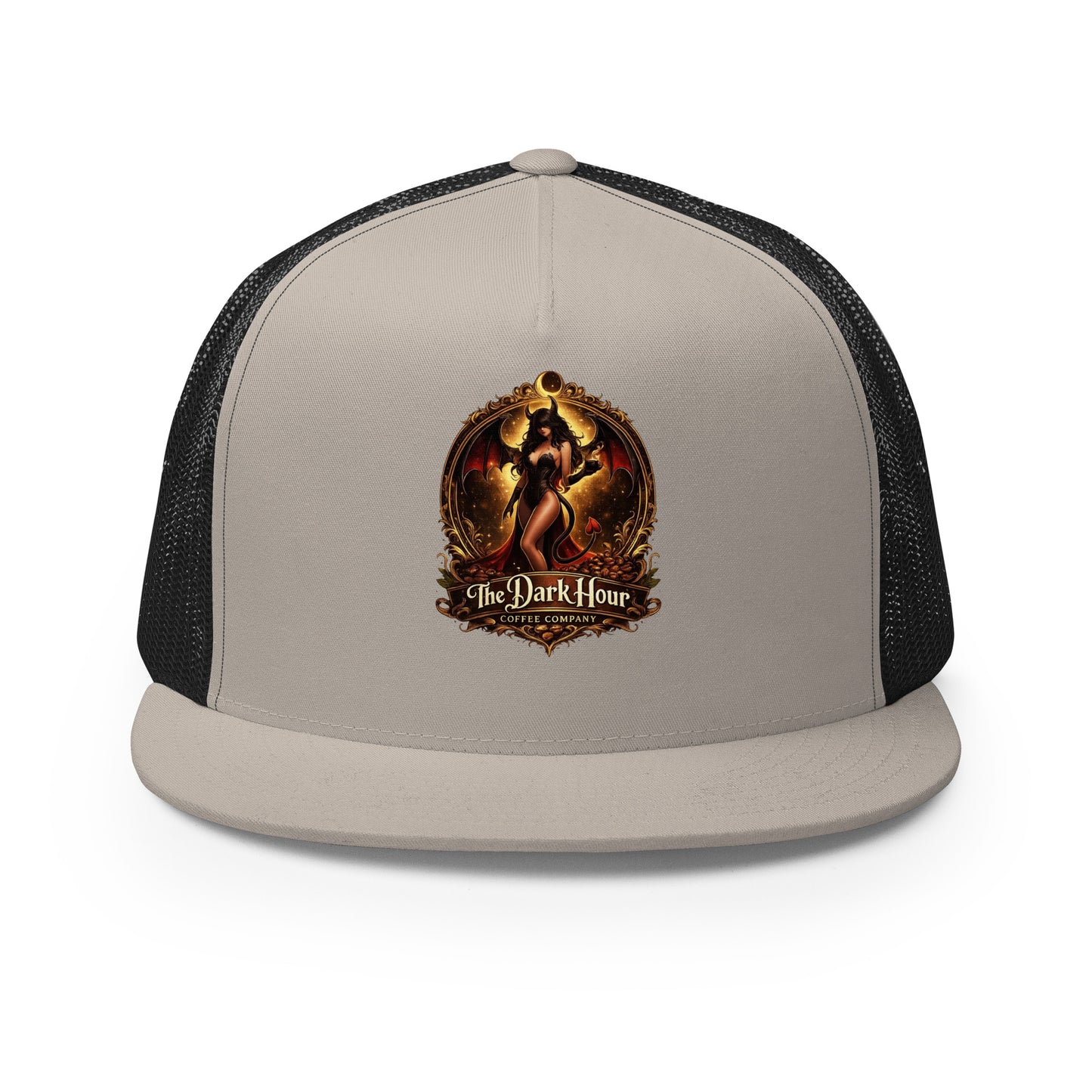 Silver and black 5-panel trucker cap by The Dark Hour Coffee Company with front logo and mesh back design.