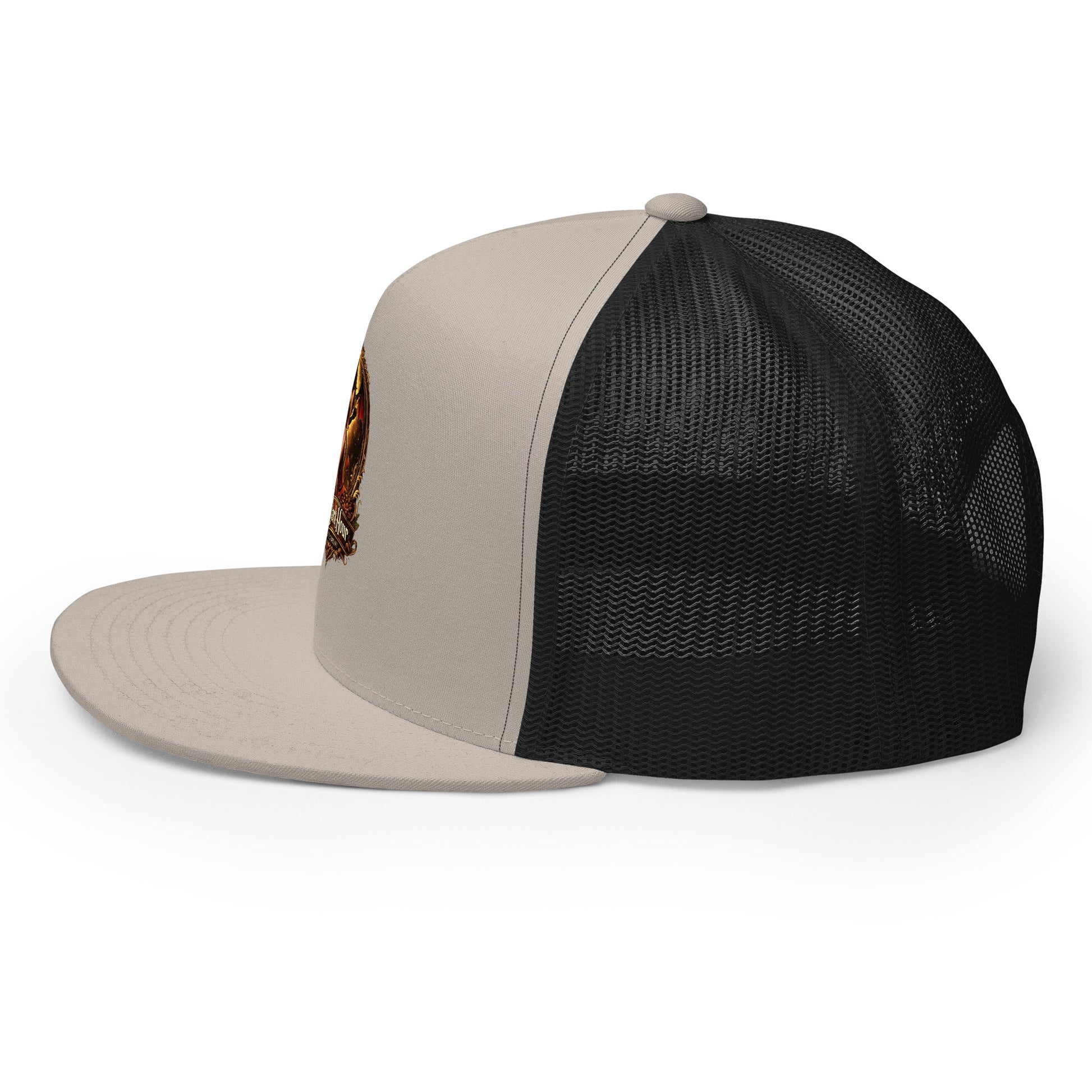 Silver and black 5-panel trucker cap from The Dark Hour Coffee Company with mesh back and curved brim.
