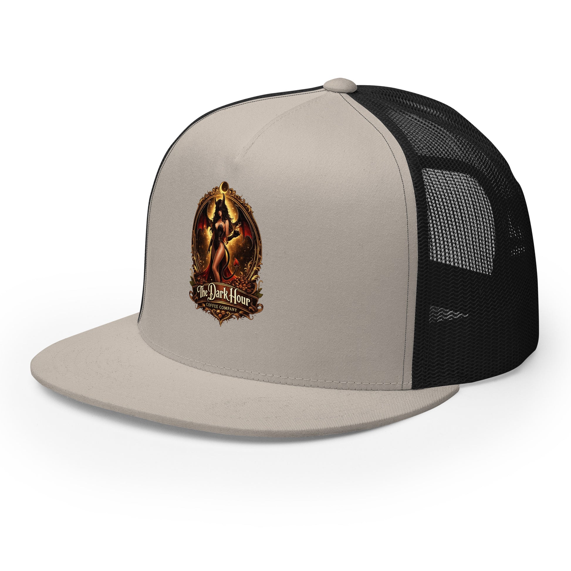 Silver and black 5-panel trucker cap by The Dark Hour Coffee Company, featuring a classic design and adjustable strap.