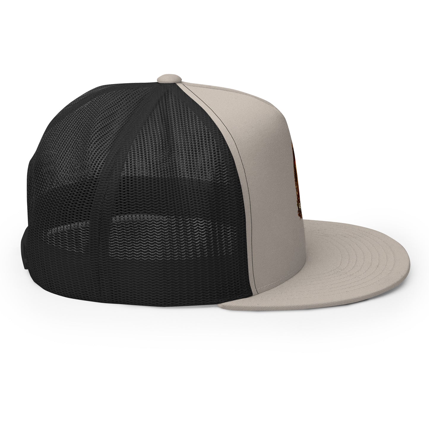 Silver and black 5-panel trucker cap by The Dark Hour Coffee Company, featuring mesh back and adjustable strap.