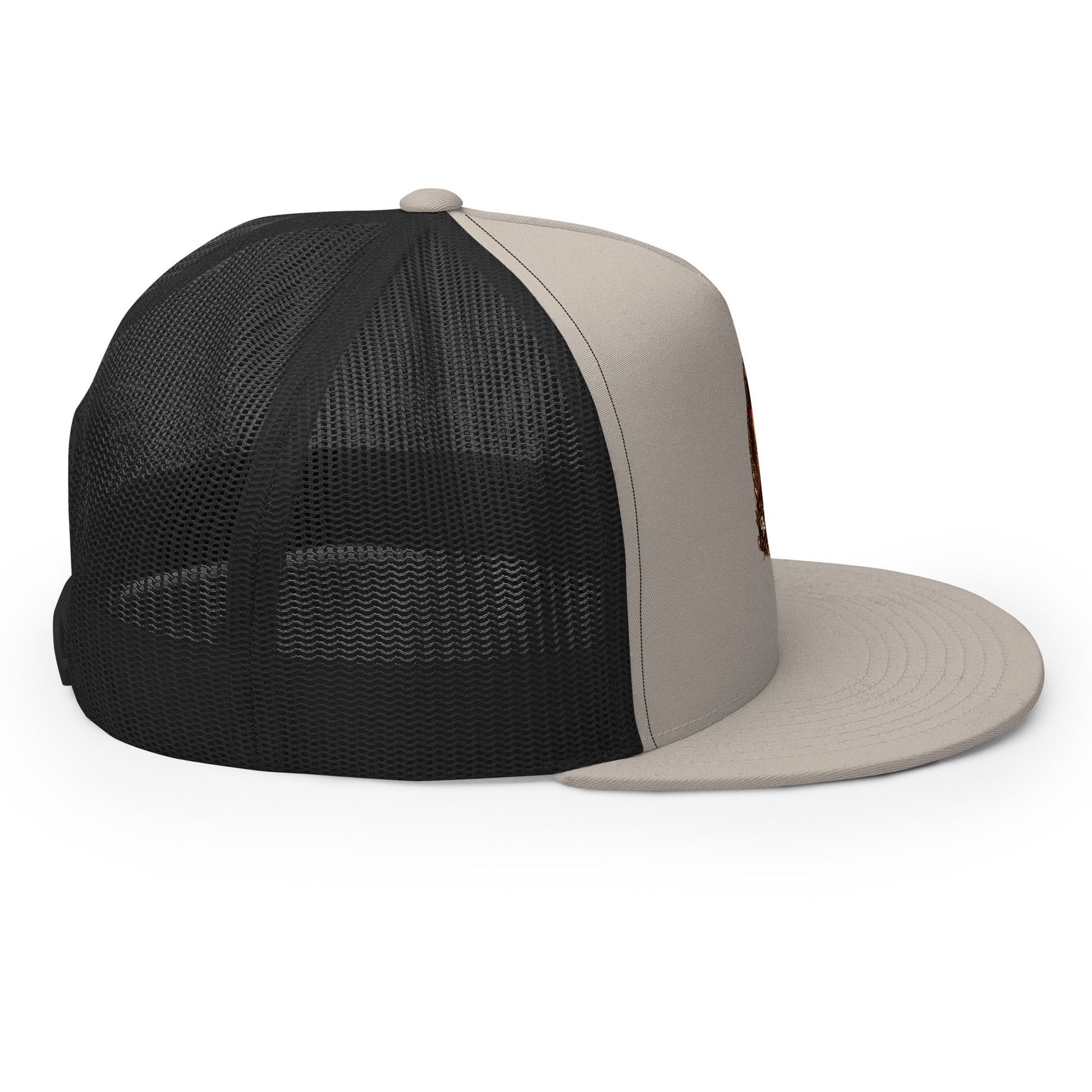 Silver and black 5-panel trucker cap by The Dark Hour Coffee Company, featuring mesh back and adjustable strap.