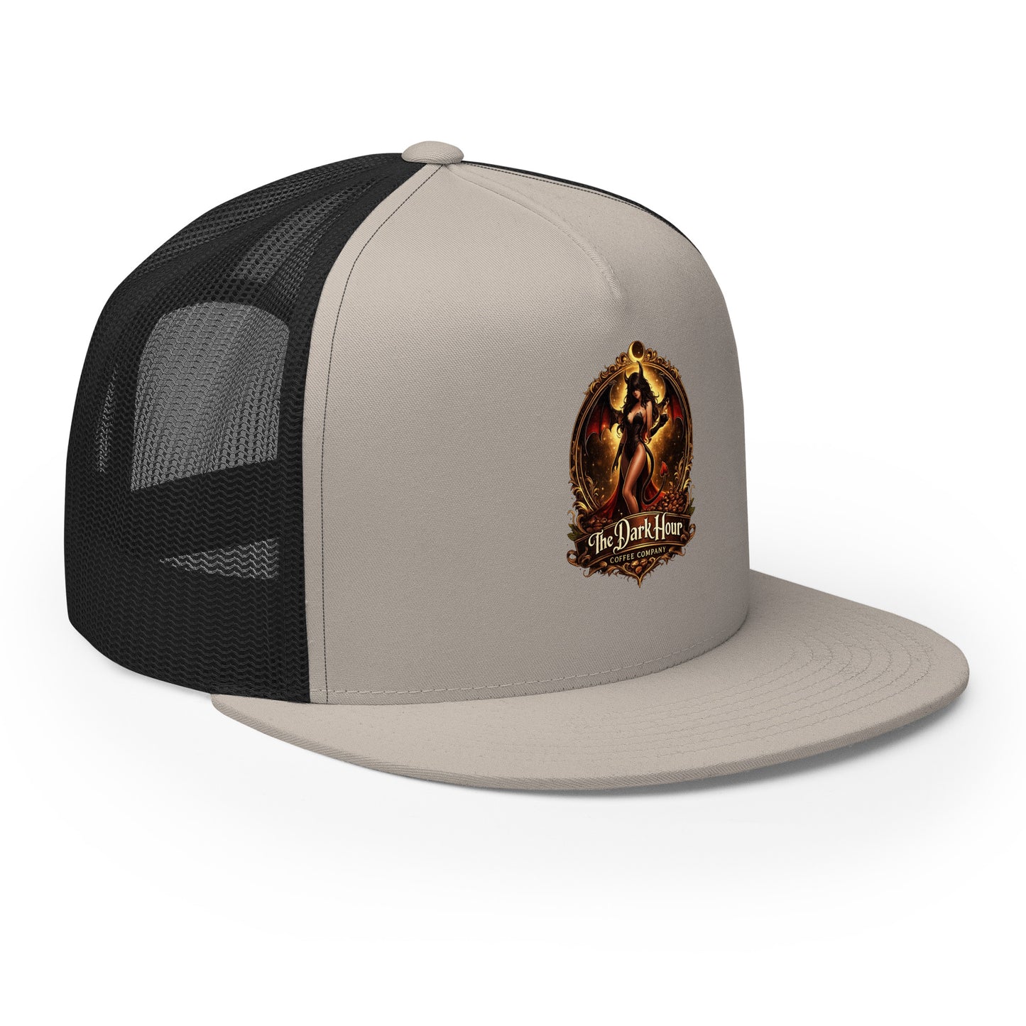 Silver and black 5-panel trucker cap by The Dark Hour Coffee Company, showing the front and right side view.