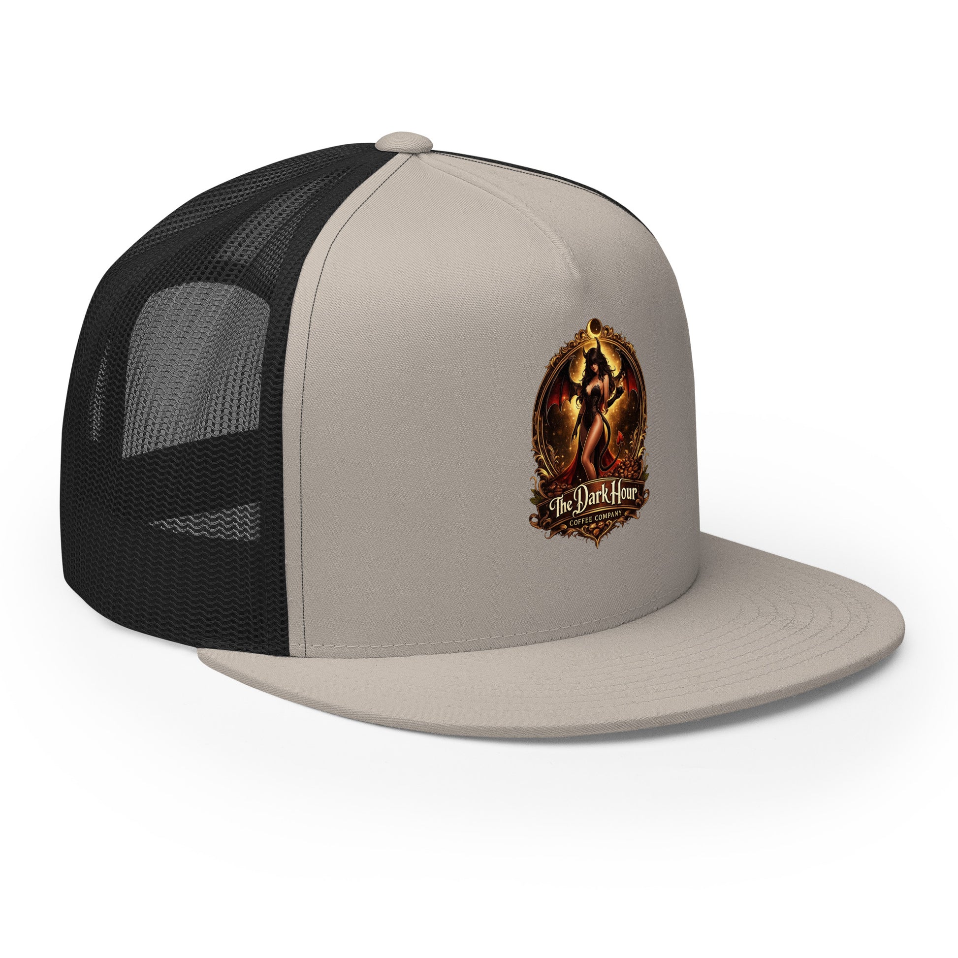 Silver and black 5-panel trucker cap by The Dark Hour Coffee Company, showing the front and right side view.