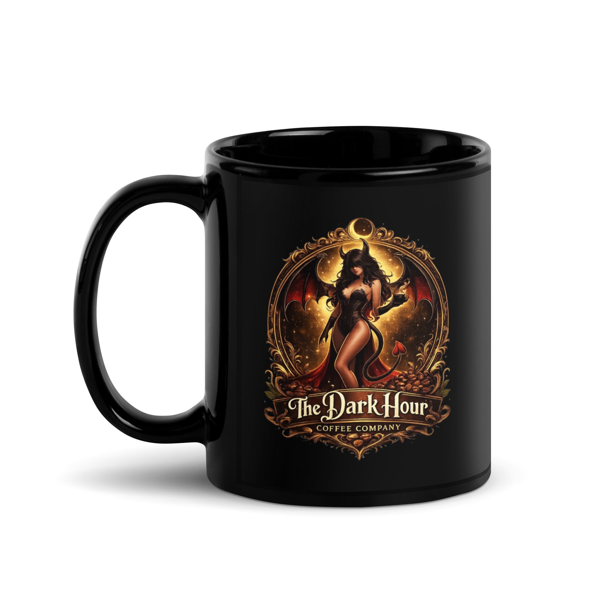 Black glossy mug from The Dark Hour Coffee Company with a handle on the left, 11 oz capacity, perfect for hot beverages.
