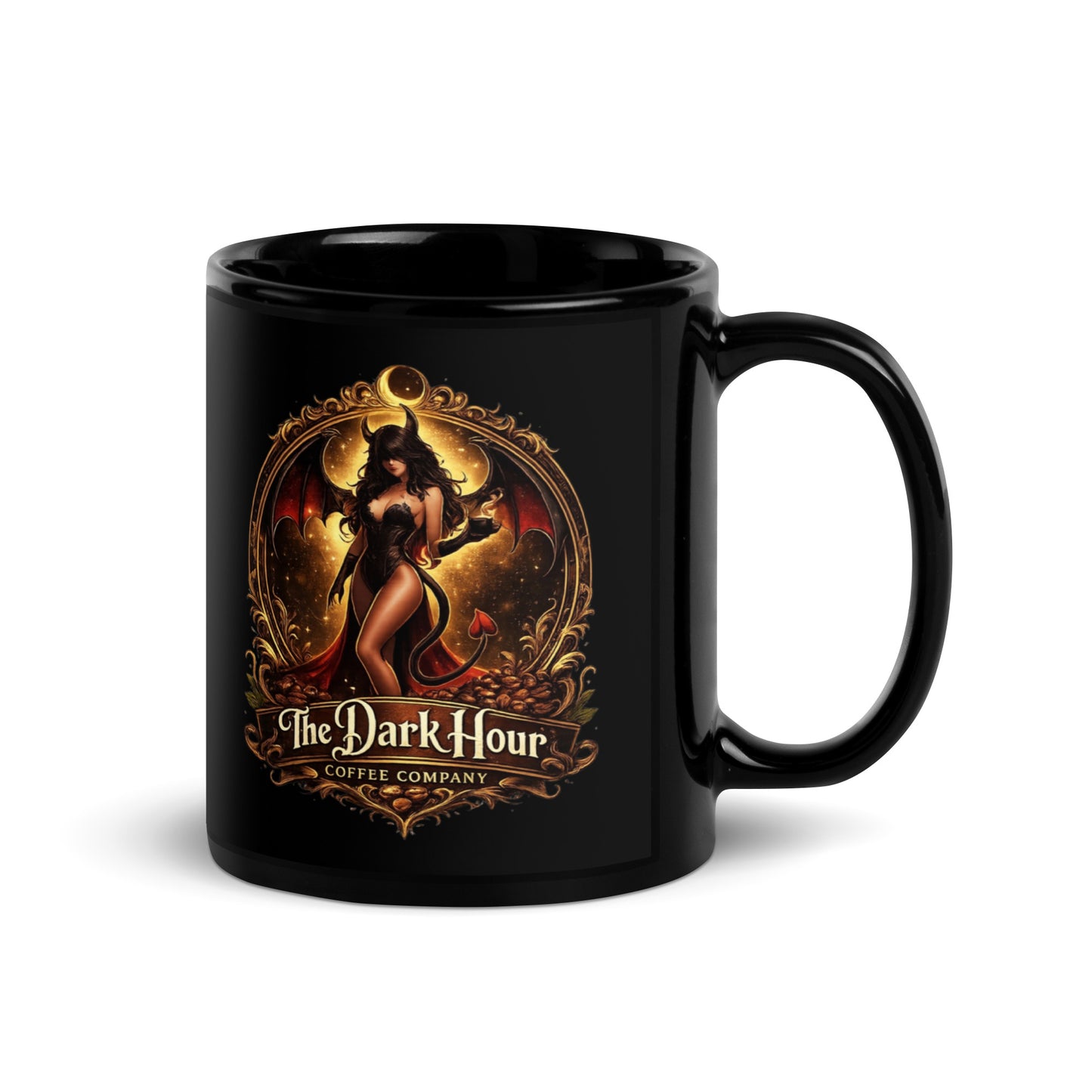 Black glossy mug from The Dark Hour Coffee Company with a handle on the right, 11 oz ceramic coffee mug.