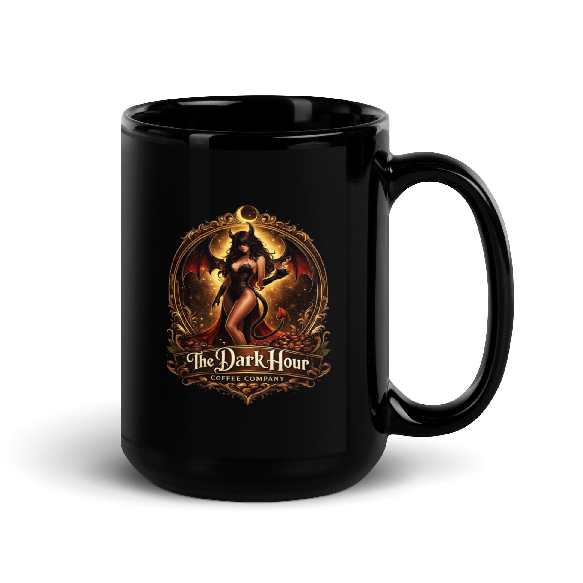 Black glossy mug from The Dark Hour Coffee Company with a handle on the right, 15 oz size, perfect for coffee or tea.