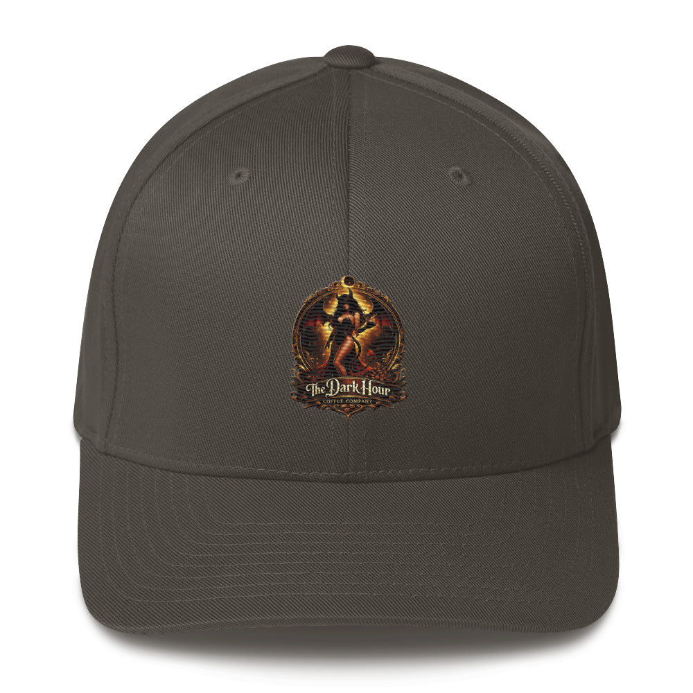 Dark grey structured twill cap with closed-back design from The Dark Hour Coffee Company, showcasing a stylish and fitted look.