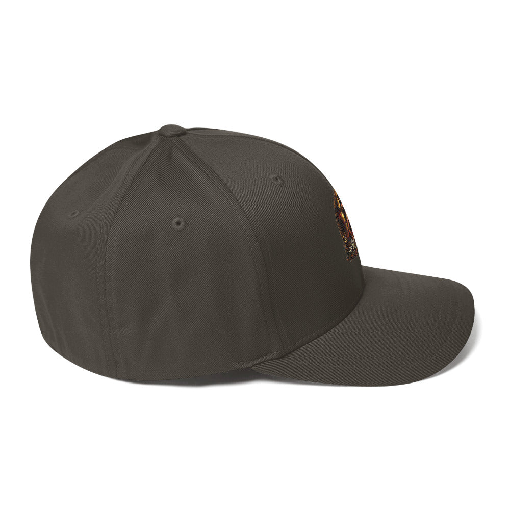 Dark grey structured twill cap with closed back from The Dark Hour Coffee Company, shown from the right side.