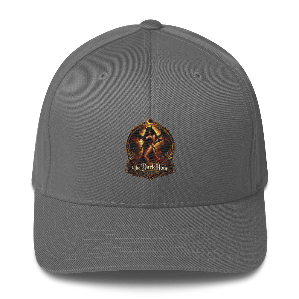 Grey structured twill cap with a closed-back design from The Dark Hour Coffee Company, featuring a classic front and adjustable fit.