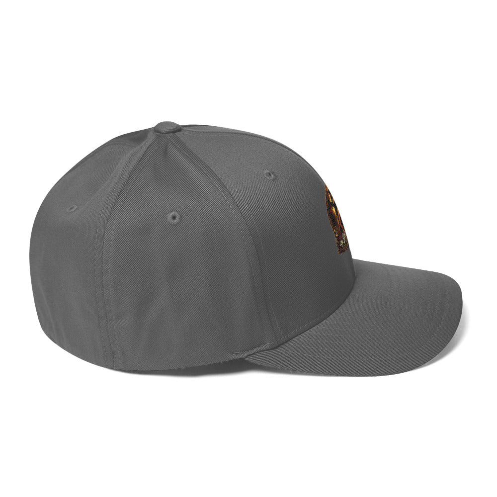 Grey structured twill cap with closed back from The Dark Hour Coffee Company, shown from the right side.