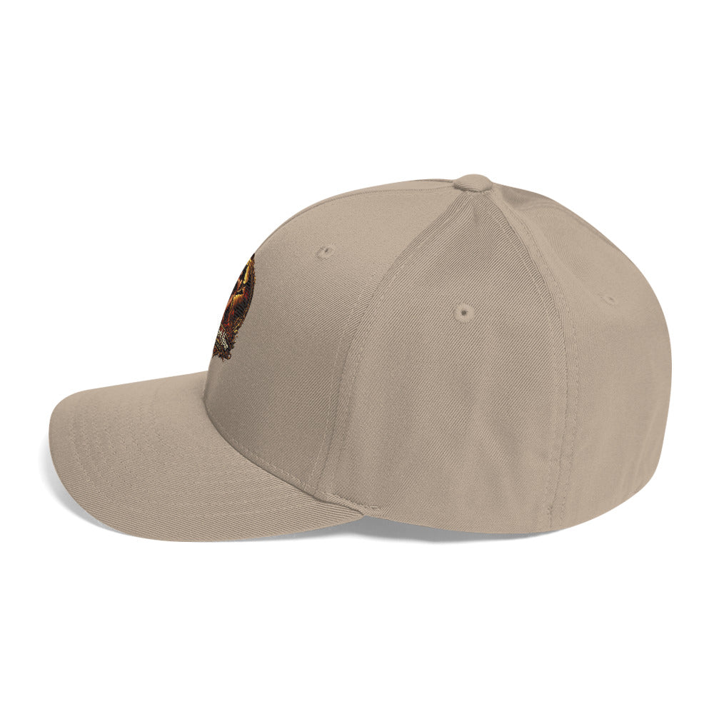 Khaki structured twill cap from The Dark Hour Coffee Company shown from the left side, featuring a closed-back design.