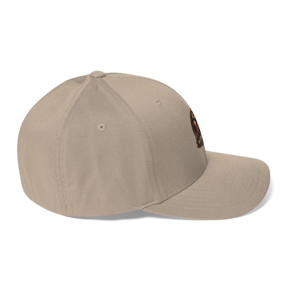 Khaki structured twill cap from The Dark Hour Coffee Company shown from the right side, closed-back design.