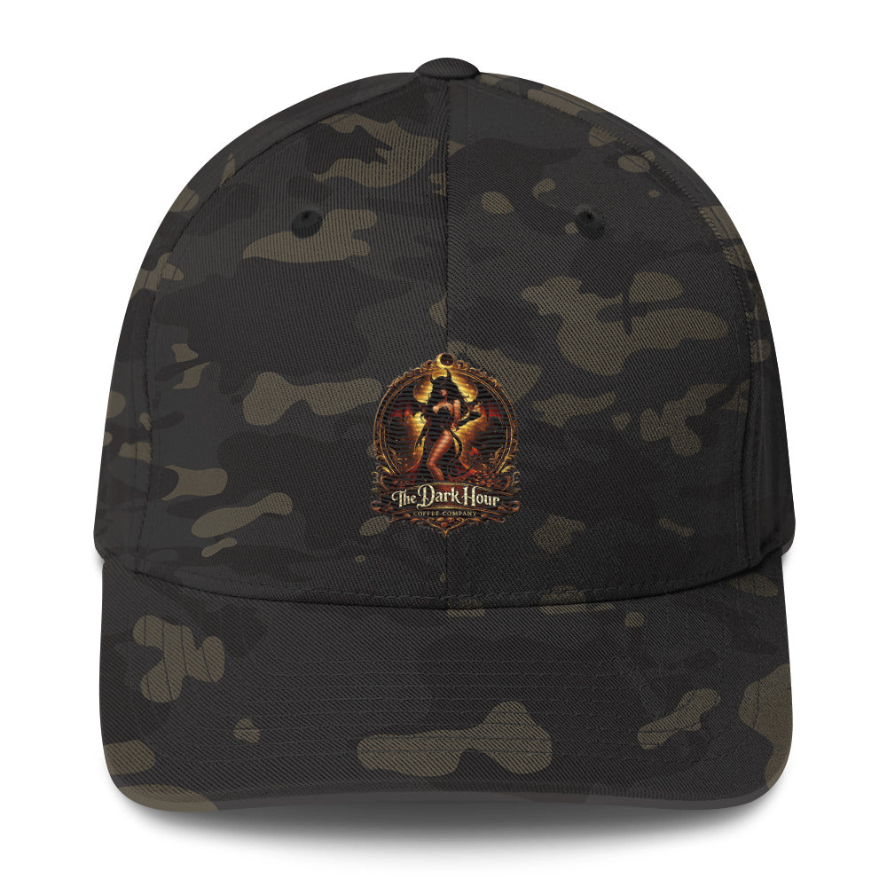 Dark Hour Coffee Company structured twill cap in black multicam pattern, featuring a closed-back design and front panel.