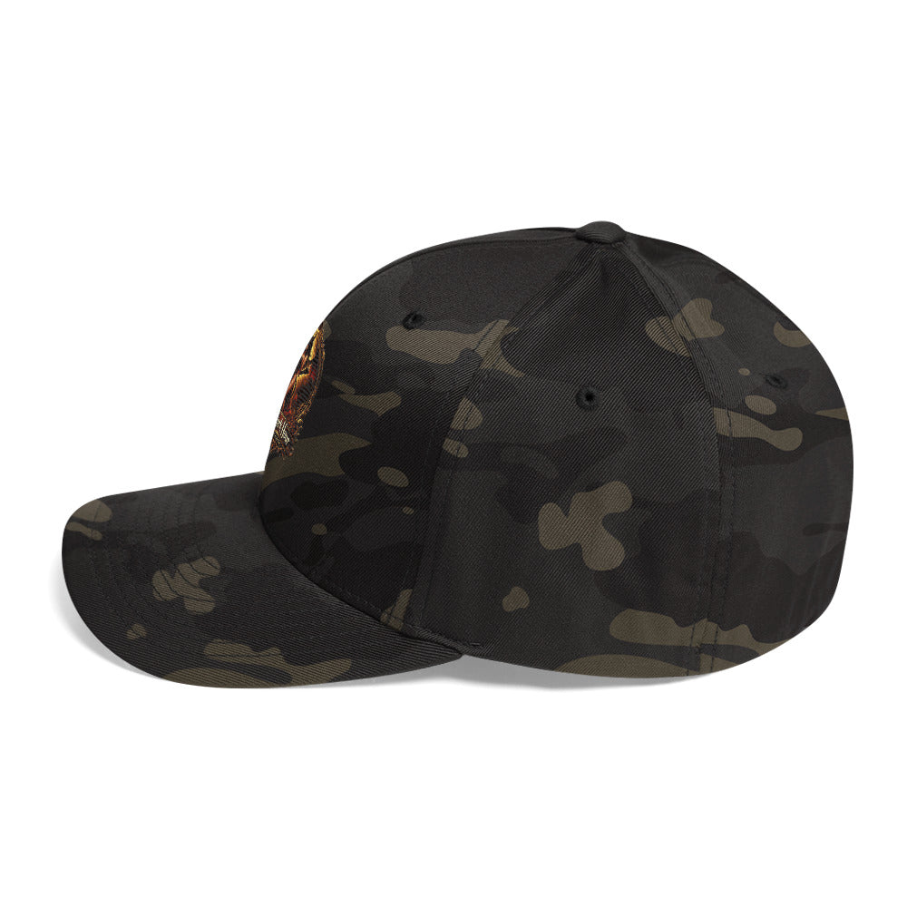 Dark Hour Coffee Company structured twill cap with a closed back and Multicam Black design, shown from the left side.