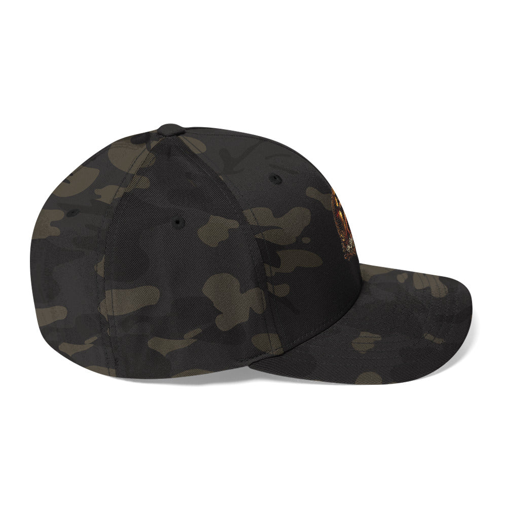 Dark Hour Coffee Company structured twill cap with a closed-back, multicam black design, shown from the right side.