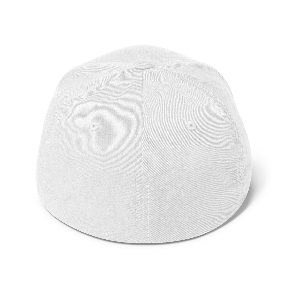 White structured twill cap with closed back from The Dark Hour Coffee Company, featuring a classic curved brim and adjustable closure.