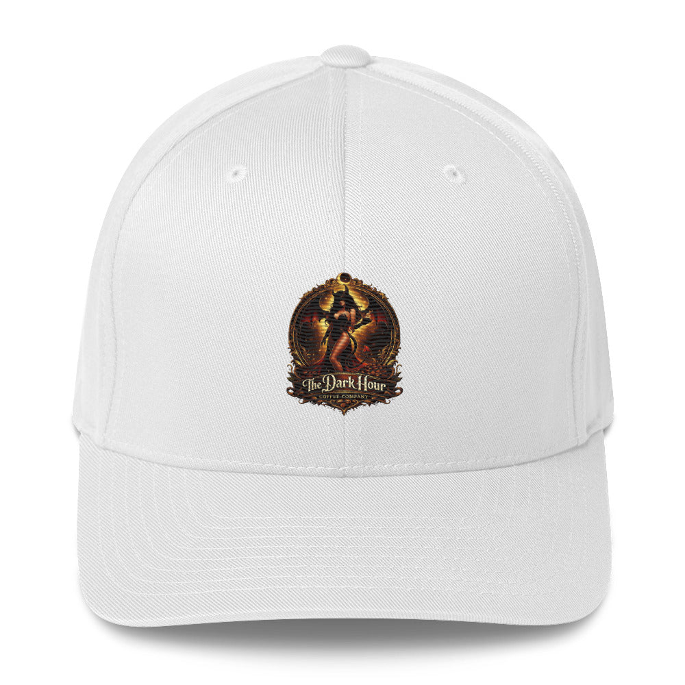 White structured twill cap with closed-back design, from The Dark Hour Coffee Company, featuring a curved brim and adjustable strap.