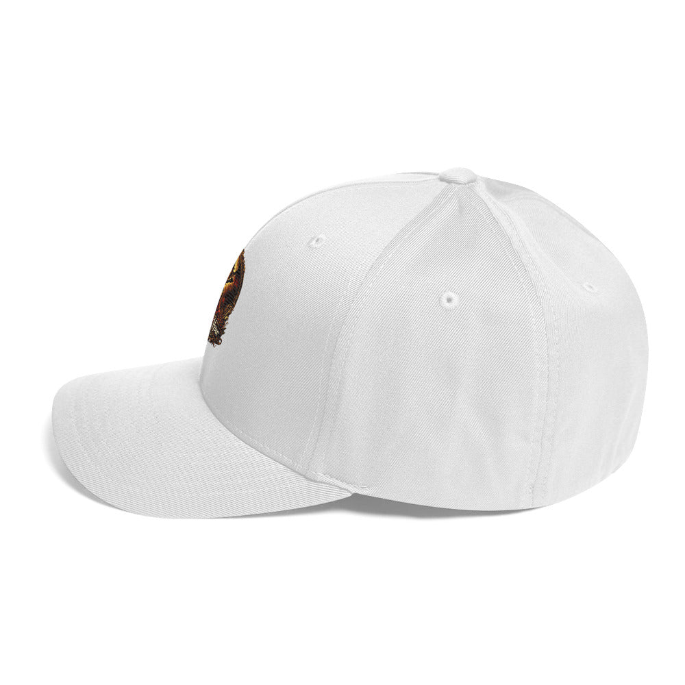 White structured twill cap by The Dark Hour Coffee Company with a closed back, shown from the left side.