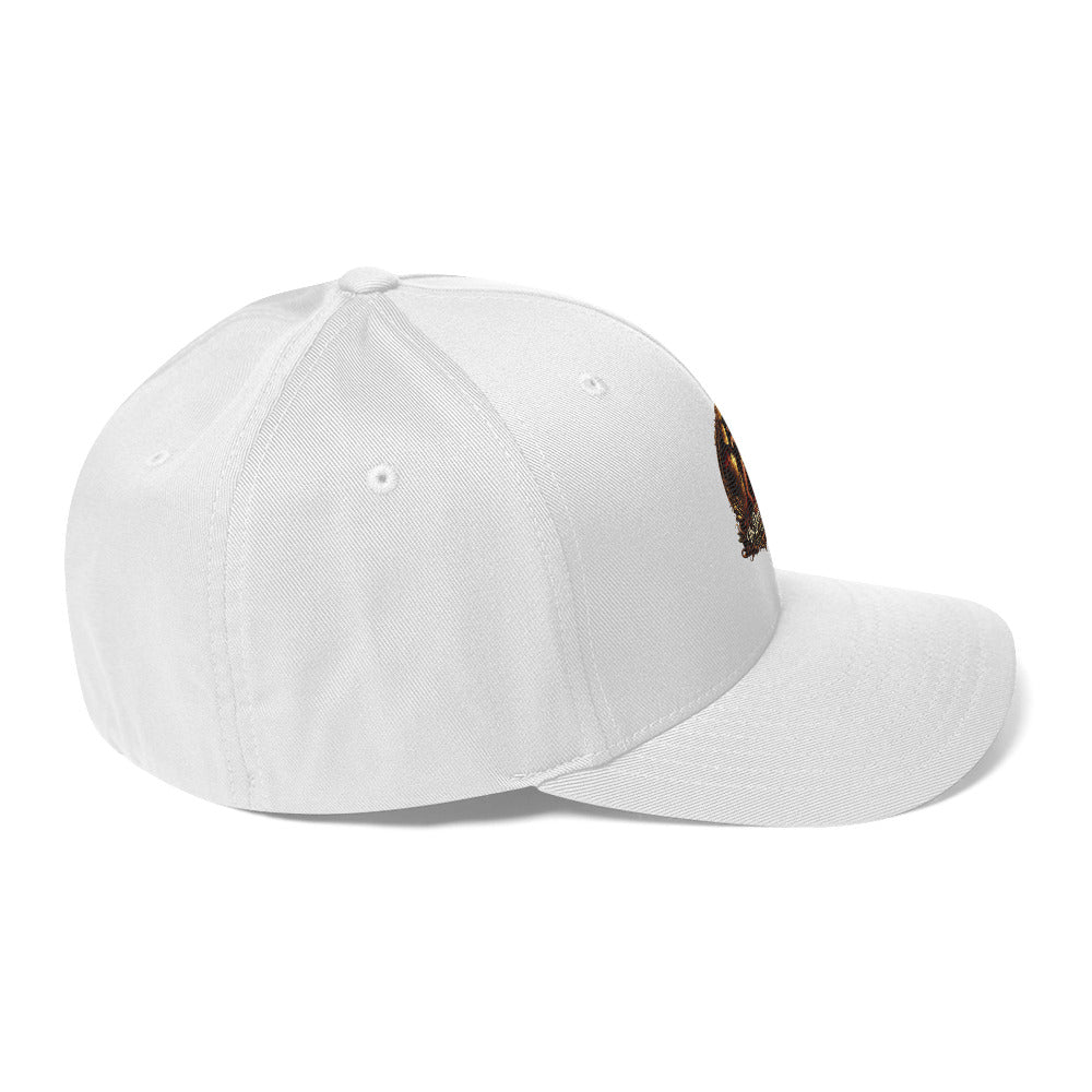 White structured twill cap with closed back, featuring a curved brim and adjustable strap, from The Dark Hour Coffee Company.