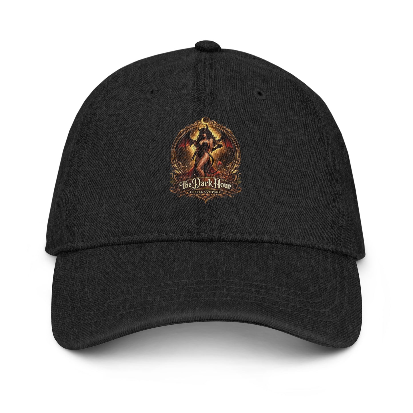 Black denim hat featuring a stylish design from The Dark Hour Coffee Company, shown from the front view.