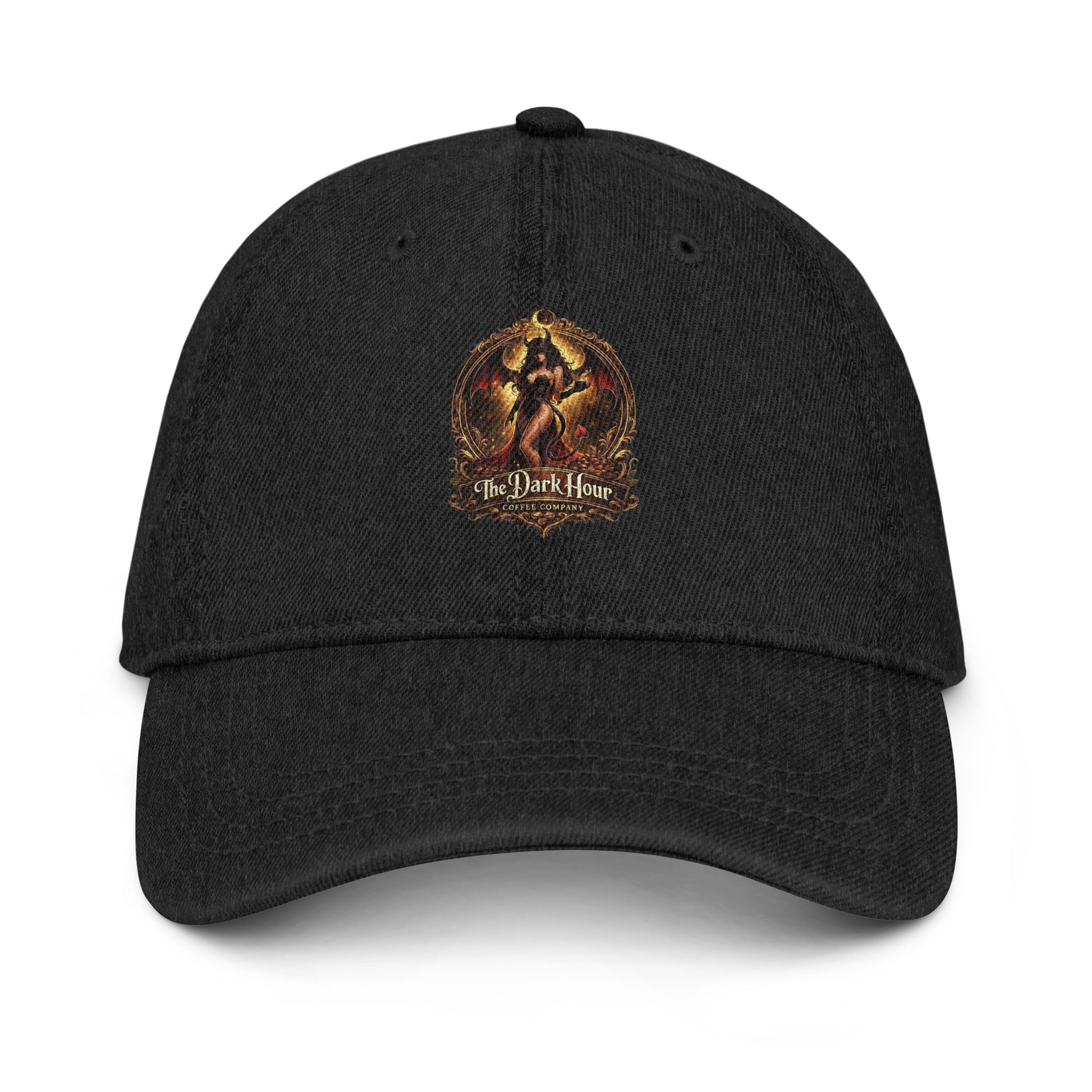Black denim hat featuring a stylish design from The Dark Hour Coffee Company, shown from the front view.