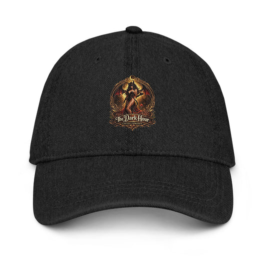 Black denim hat featuring a stylish design from The Dark Hour Coffee Company, shown from the front view.
