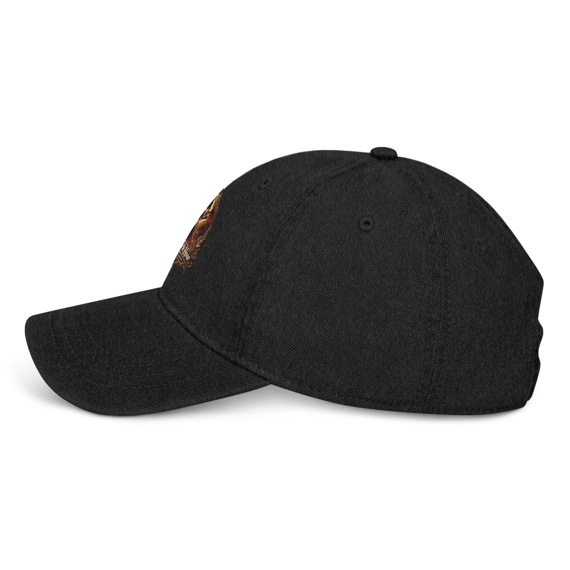 Black denim hat from The Dark Hour Coffee Company, shown from the left side featuring a casual, stylish design.