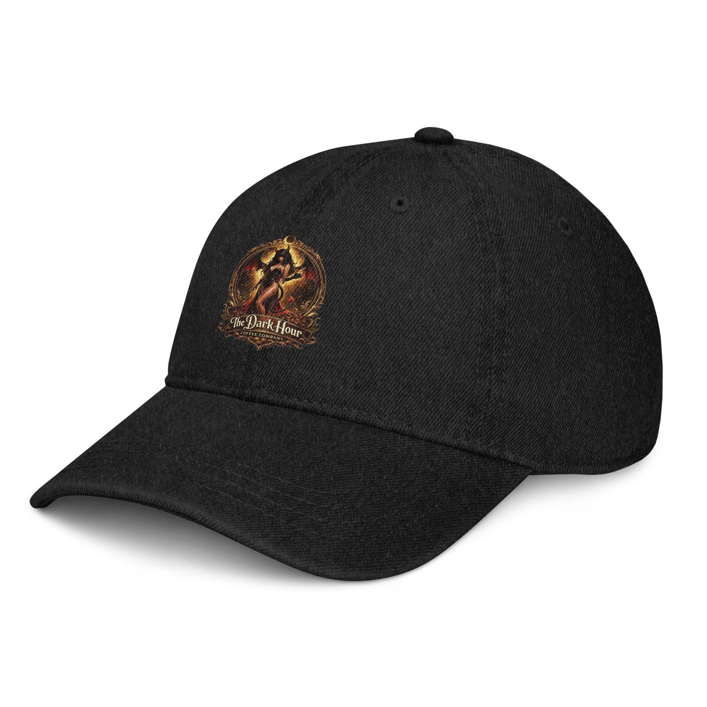 Black denim hat from The Dark Hour Coffee Company, shown from the left front angle.
