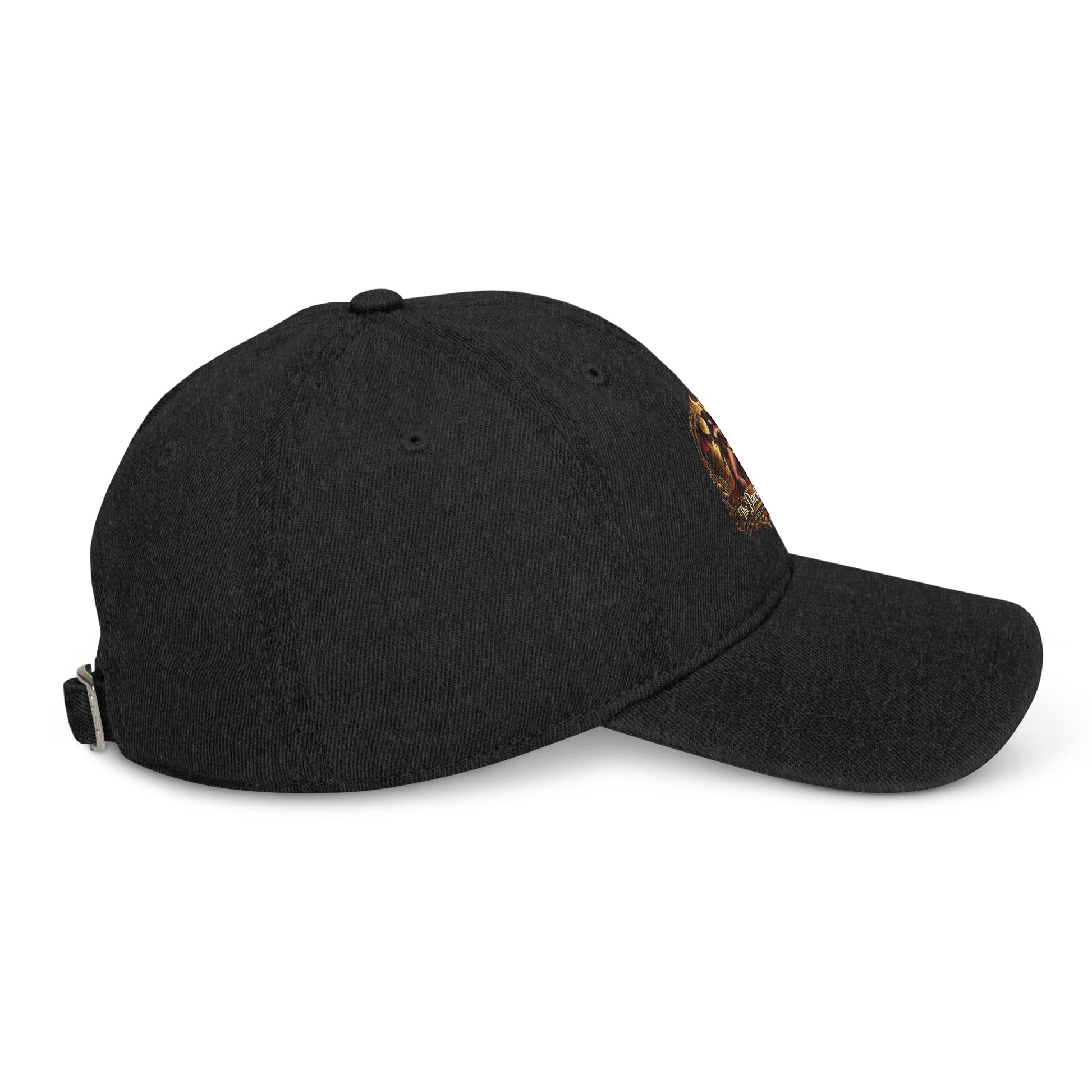 Black denim hat from The Dark Hour Coffee Company, shown from the right side with a casual, stylish design.