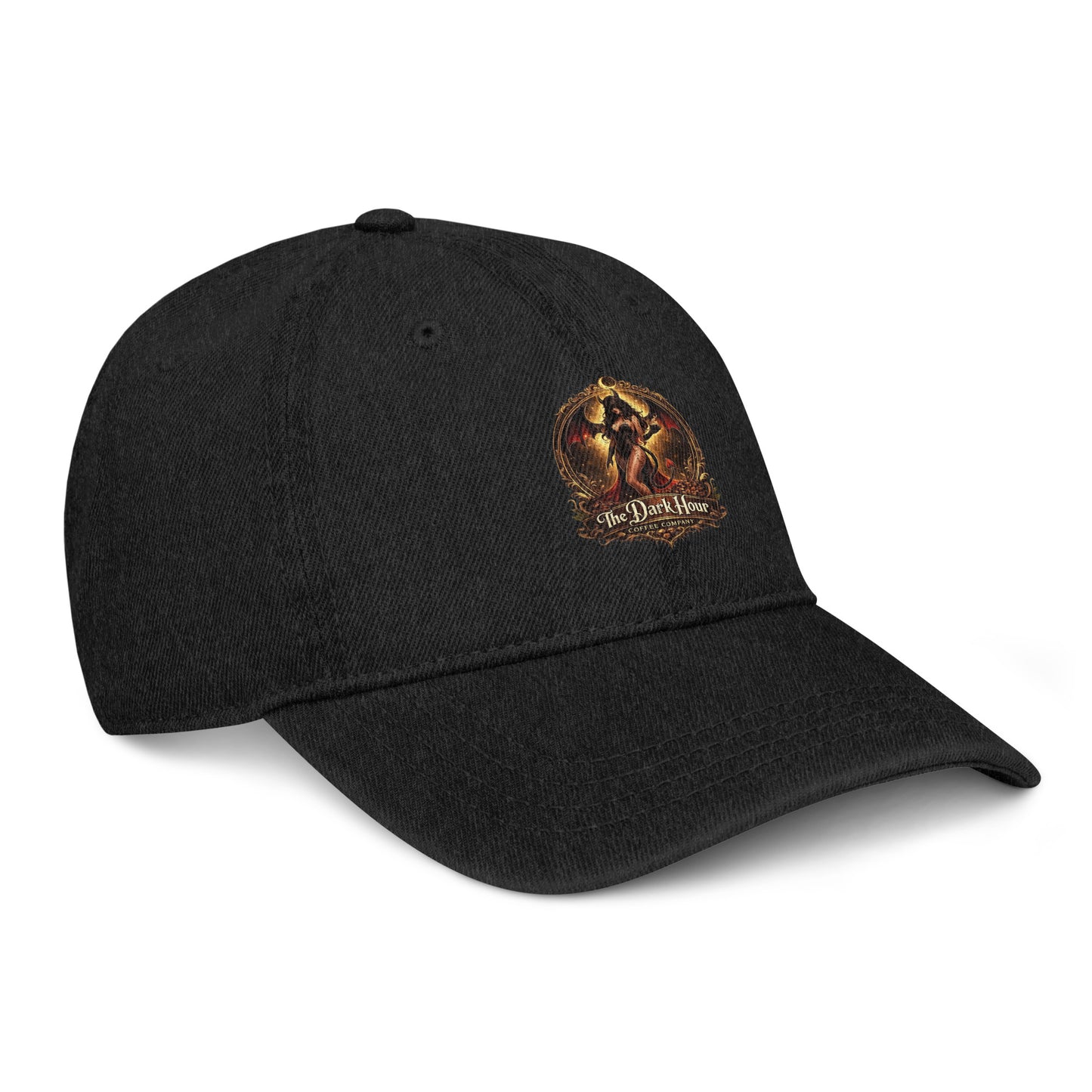 Black denim hat from The Dark Hour Coffee Company, shown from the front right angle with stitching details.