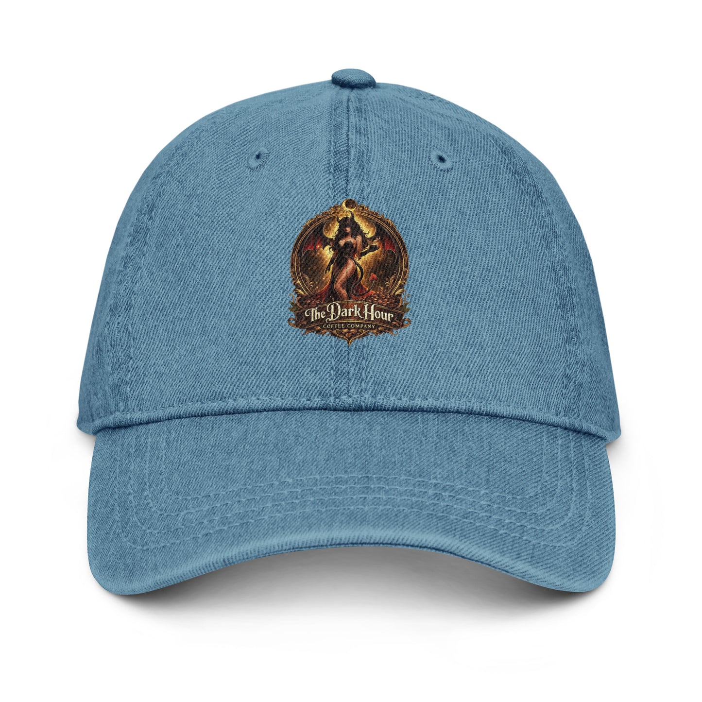 Blue denim hat with front panel and adjustable strap, stylish accessory from The Dark Hour Coffee Company.