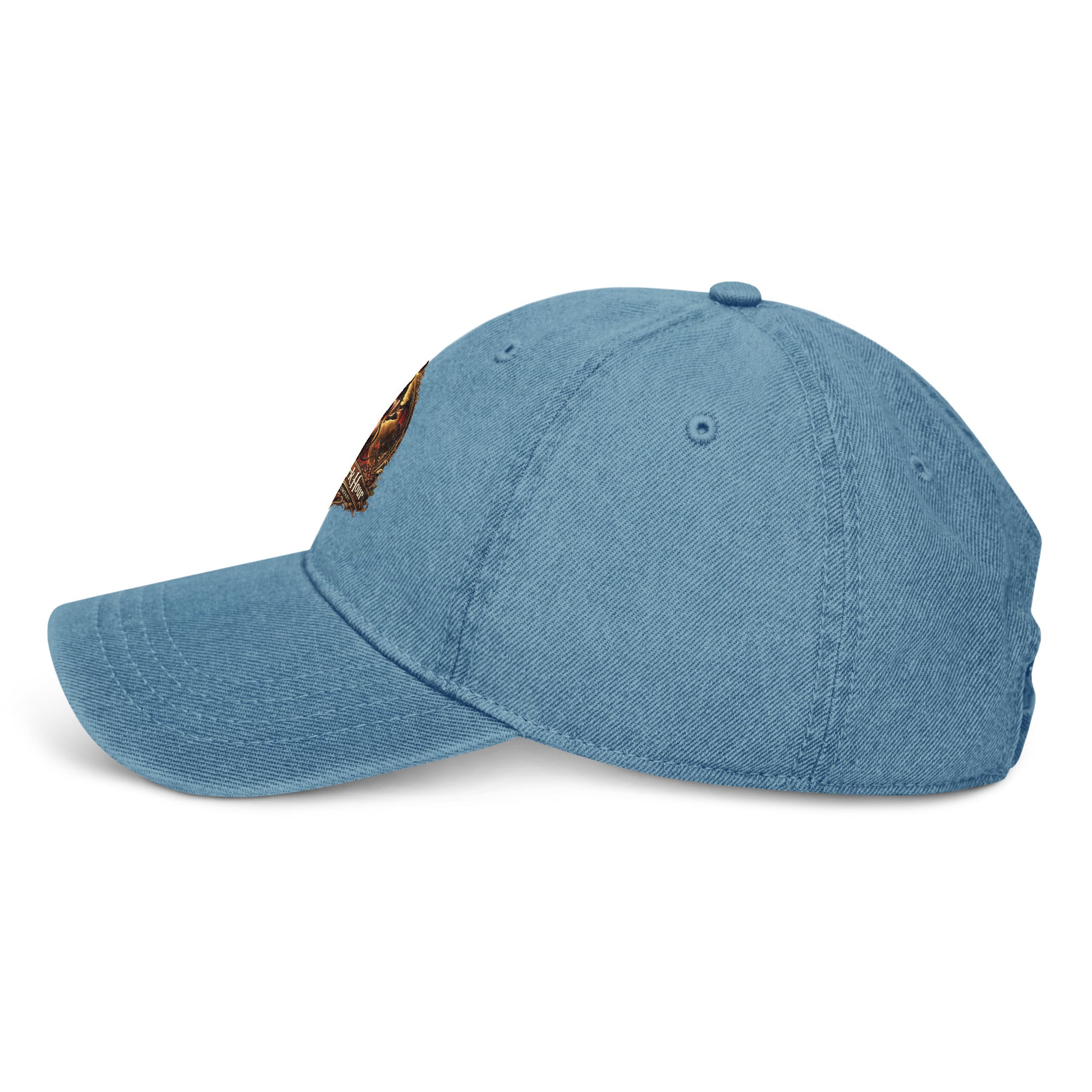 Blue denim hat by The Dark Hour Coffee Company with a casual, stylish design, shown from the left side.